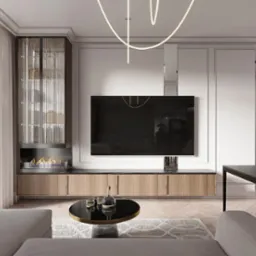 Nowoczesny salon z szafką RTV z forniru, wiszącym telewizorem i biokominkiem w zabudowie. Nad całością designerska lampa. Widoczny fragment sofy i stolika kawowego.