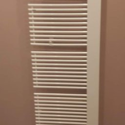 PIOTR TOKARCZYK - Biały, drabinkowy grzejnik łazienkowy zamontowany na pudrowo-różowej ścianie, widoczny fragment szarej podłogi. Nowoczesny design, ciepłe wnętrze.