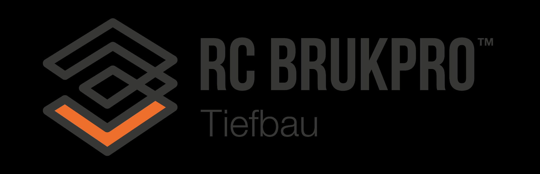 Logo firmy RC BRUKPRO Tiefbau na czarnym tle. Geometryczny symbol z pomarańczowym akcentem i szary napis. Minimalistyczny design.
