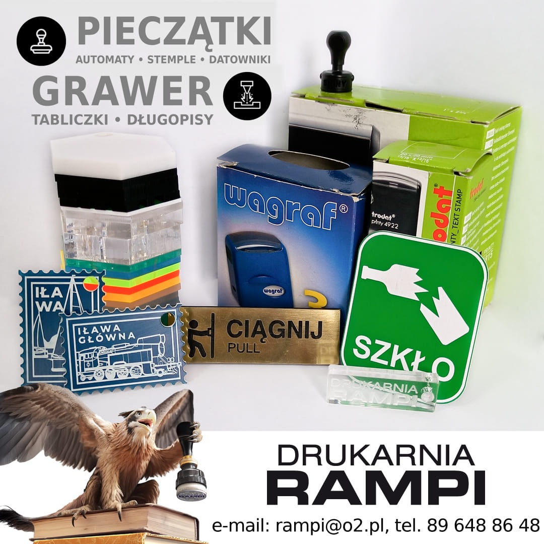 Zestaw pieczątek, stempli i tabliczek grawerowanych od Drukarni Rampi. Widoczne automatów, datowniki, tabliczki z napisami 'ciągnij' i 'szkło'.