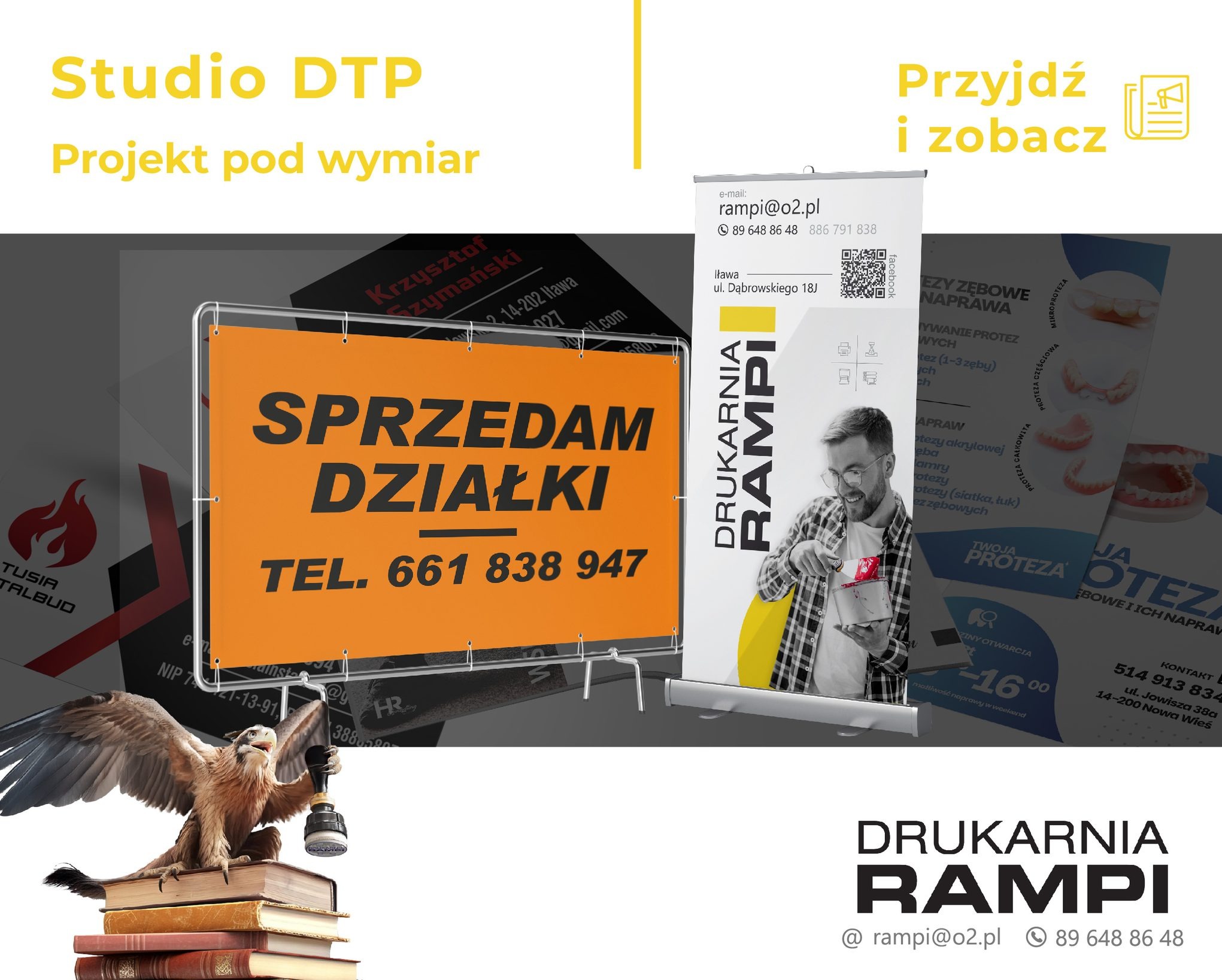 Różnorodne materiały reklamowe drukarni: baner 'Sprzedam działki', roll-up z pracownikiem malującym puszkę, ulotki protetyczne i inne.