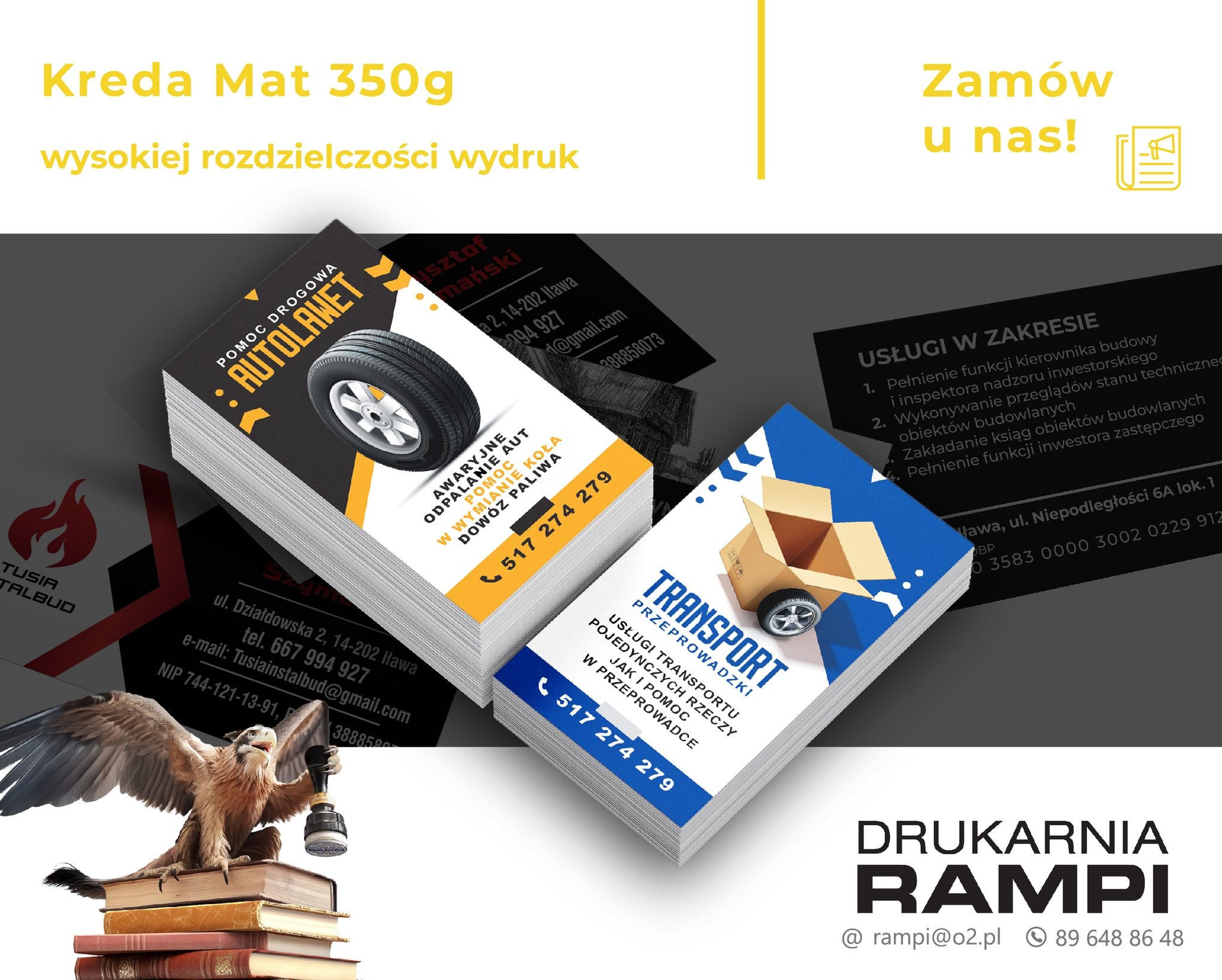 Stos wizytówek z różnymi projektami graficznymi, prezentujący ofertę drukarni. Widoczne detale: nazwy firm, logotypy i dane kontaktowe na wizytówkach.