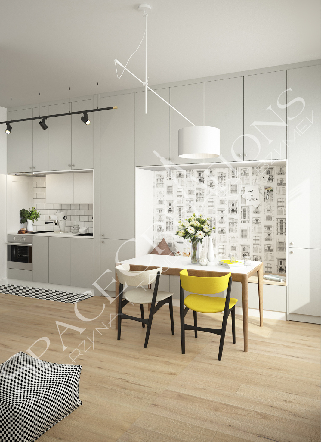 Jasne wnętrze: kuchnia z zabudową i jadalnia z żółtym krzesłem. W tle ściana z tapetą w rysunki domów i notatką. Minimalistyczny design, drewniana podłoga.