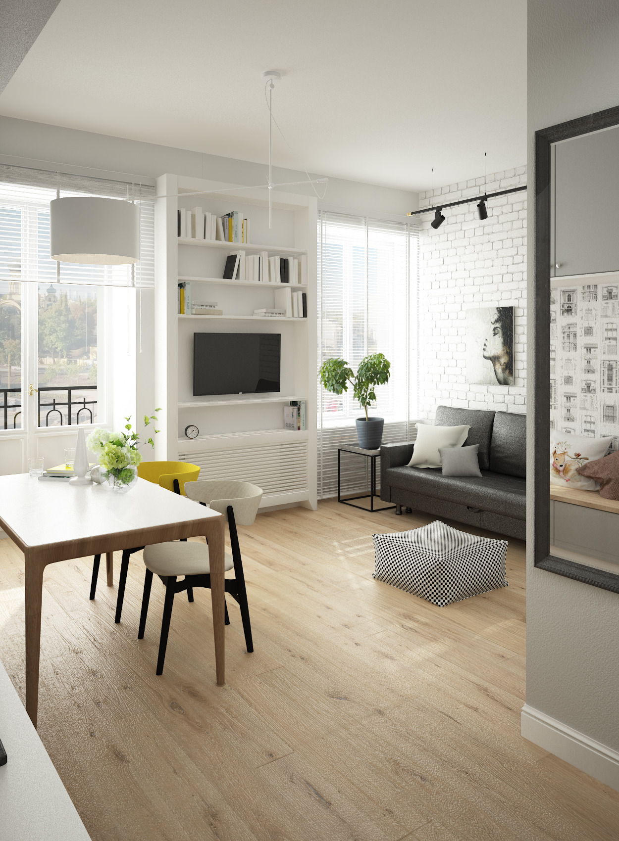 Jasne, przestronne wnętrze z drewnianą podłogą: stół z kwiatami, sofa z poduszkami, regał z TV, ceglana ściana z obrazem. Nowoczesny design z naturalnym światłem.