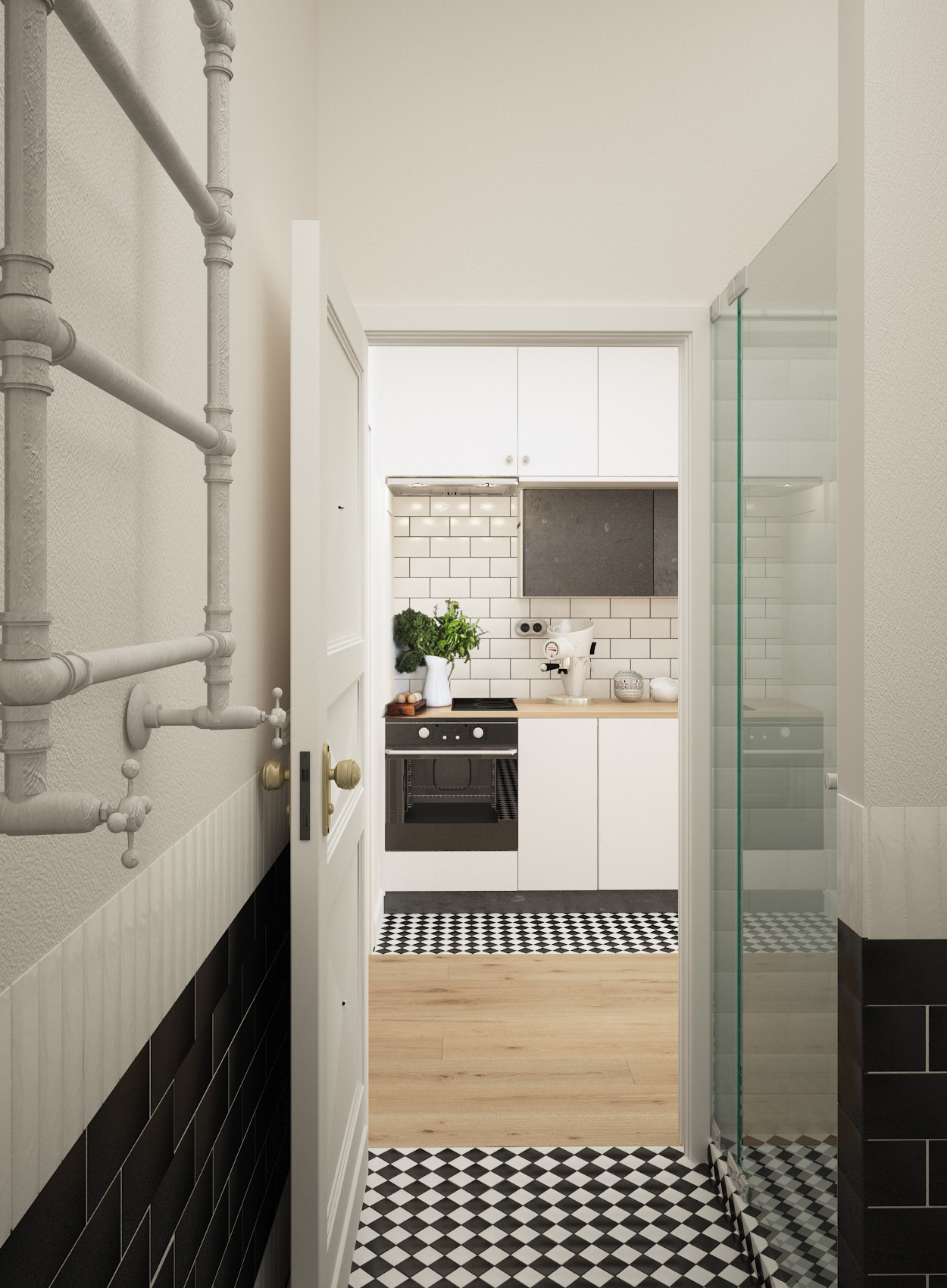 Wnętrze: biała kuchnia z czarno-białą szachownicą na podłodze, widoczna przez otwarte drzwi z łazienki z grzejnikiem rurowym. Minimalizm, kontrast, nowoczesność.