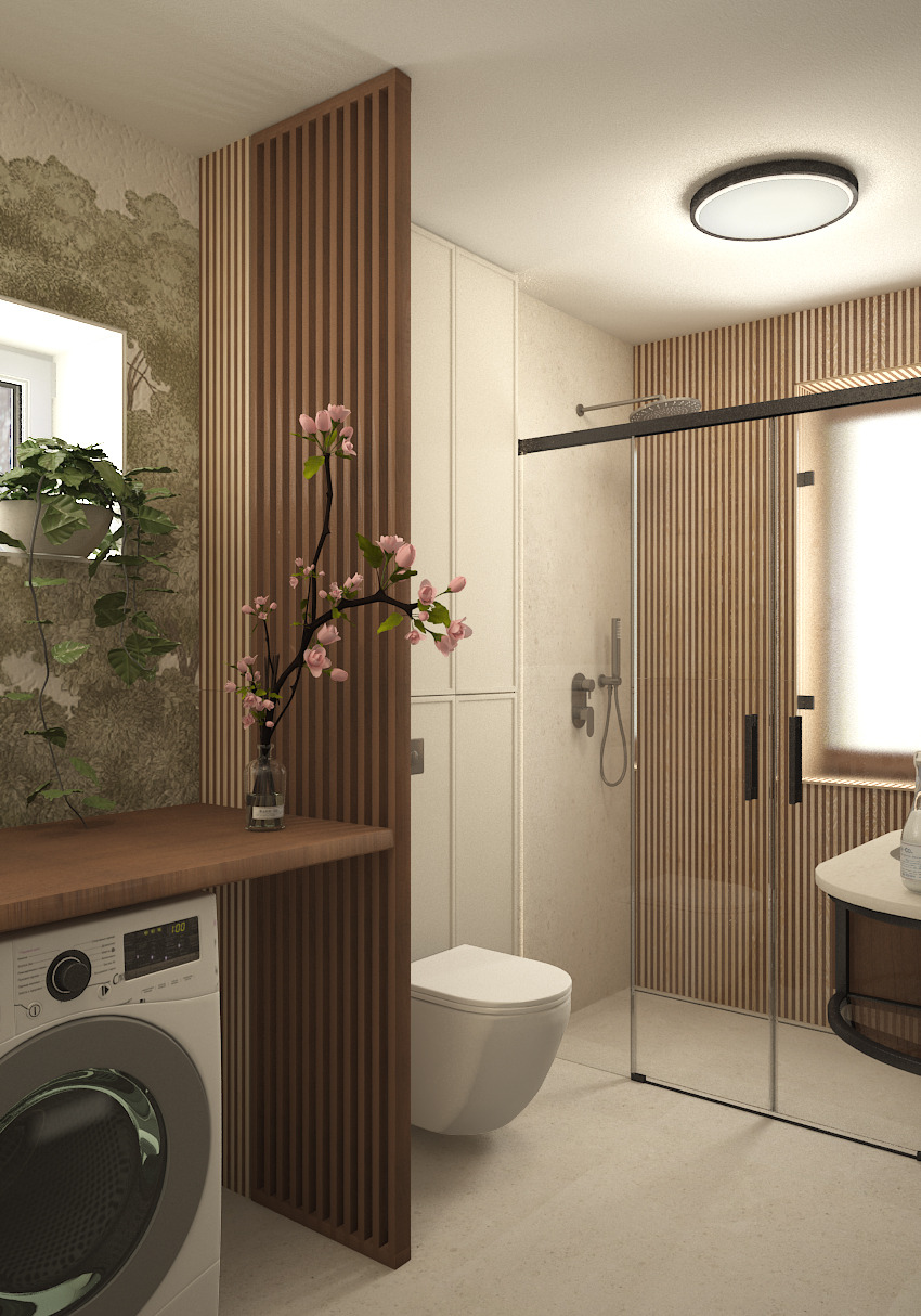 Nowoczesna łazienka z drewnianymi lamelami, pralką pod blatem i kwiatami w wazonie. Kabina prysznicowa ze szklanymi drzwiami, minimalistyczna armatura.