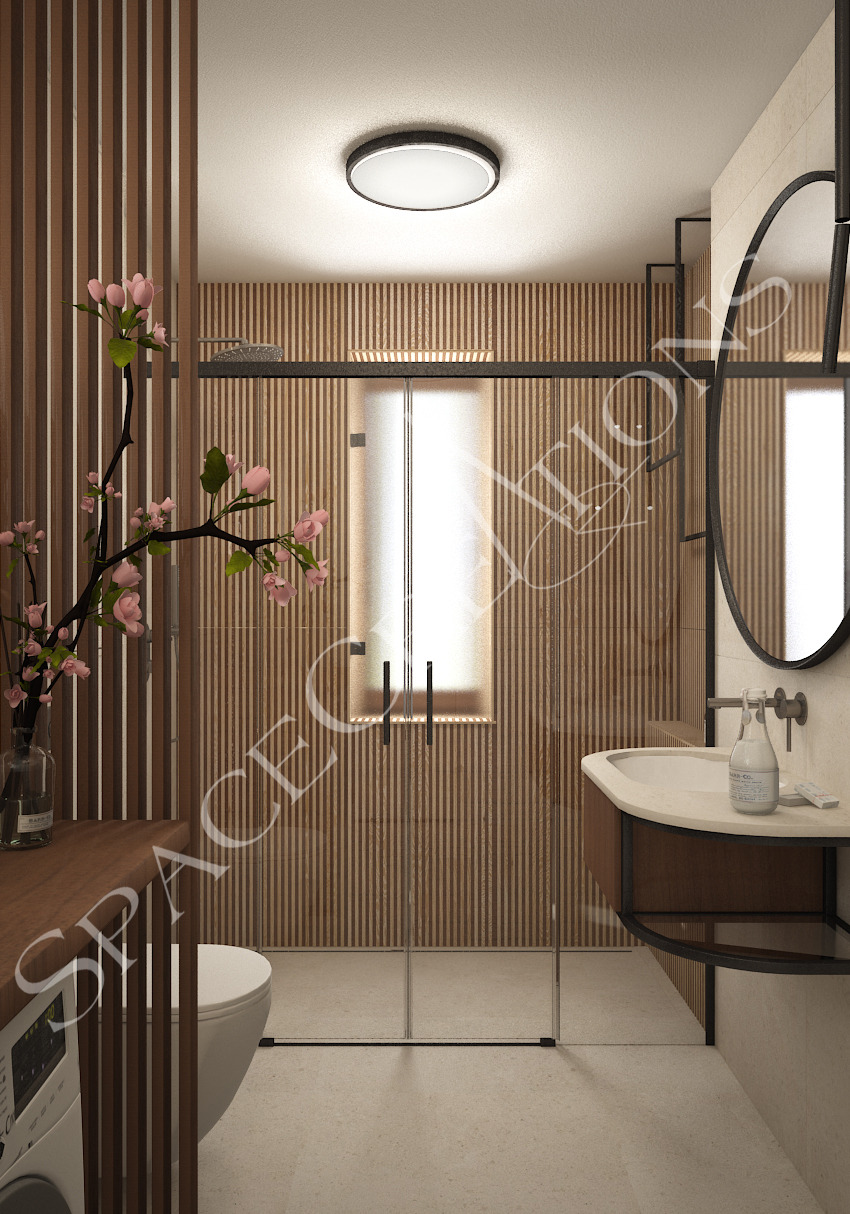 Nowoczesna łazienka z kabiną prysznicową w stylu japońskim, drewniane lamele na ścianach, okrągłe lustro i umywalka na blacie. Akcent kolorystyczny: kwitnąca gałązka w wazonie.