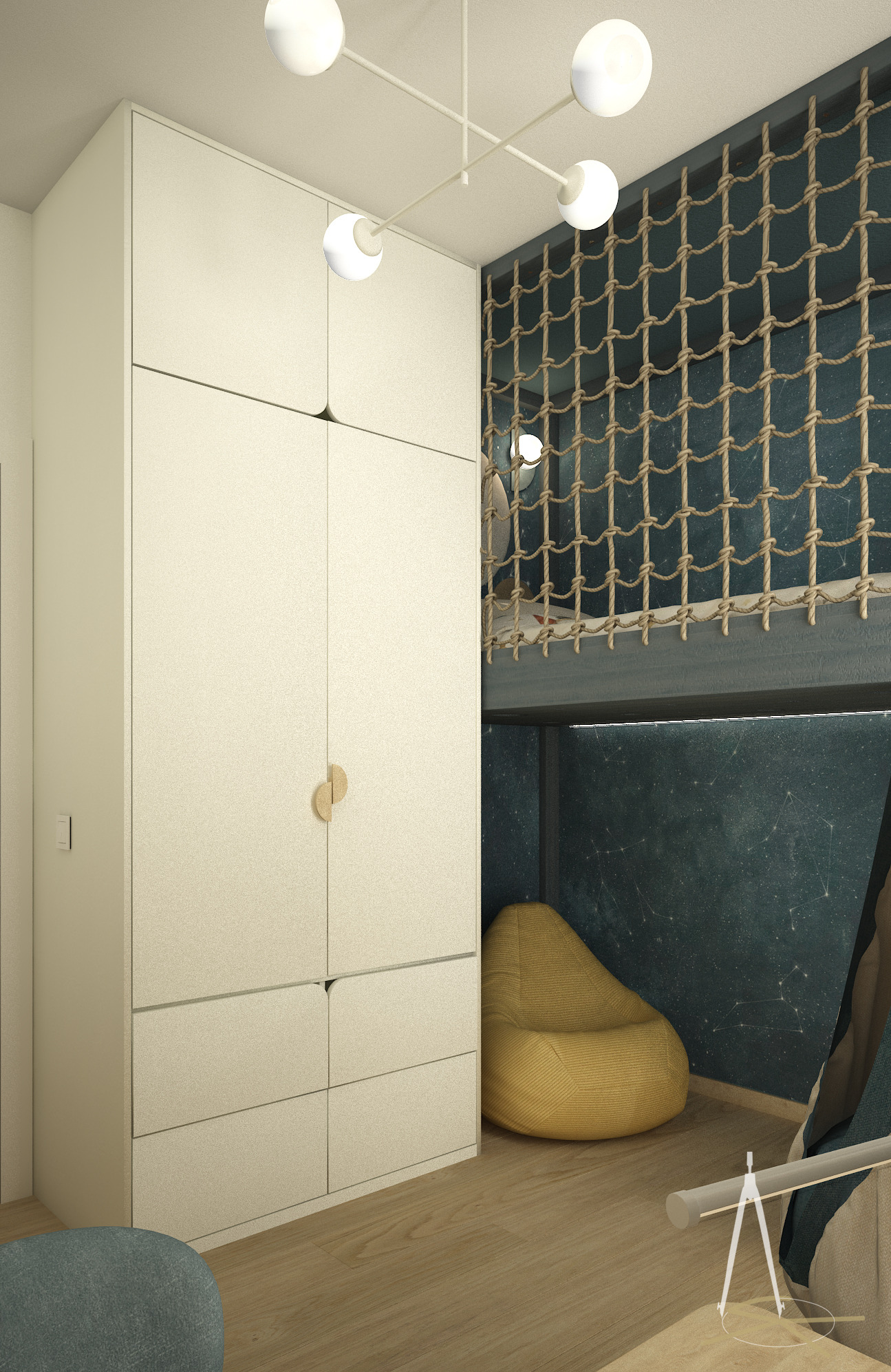 Pokój dziecięcy z łóżkiem na antresoli, siatką zabezpieczającą i motywem kosmosu na ścianie. Obok stoi duża, kremowa szafa i żółty puf.