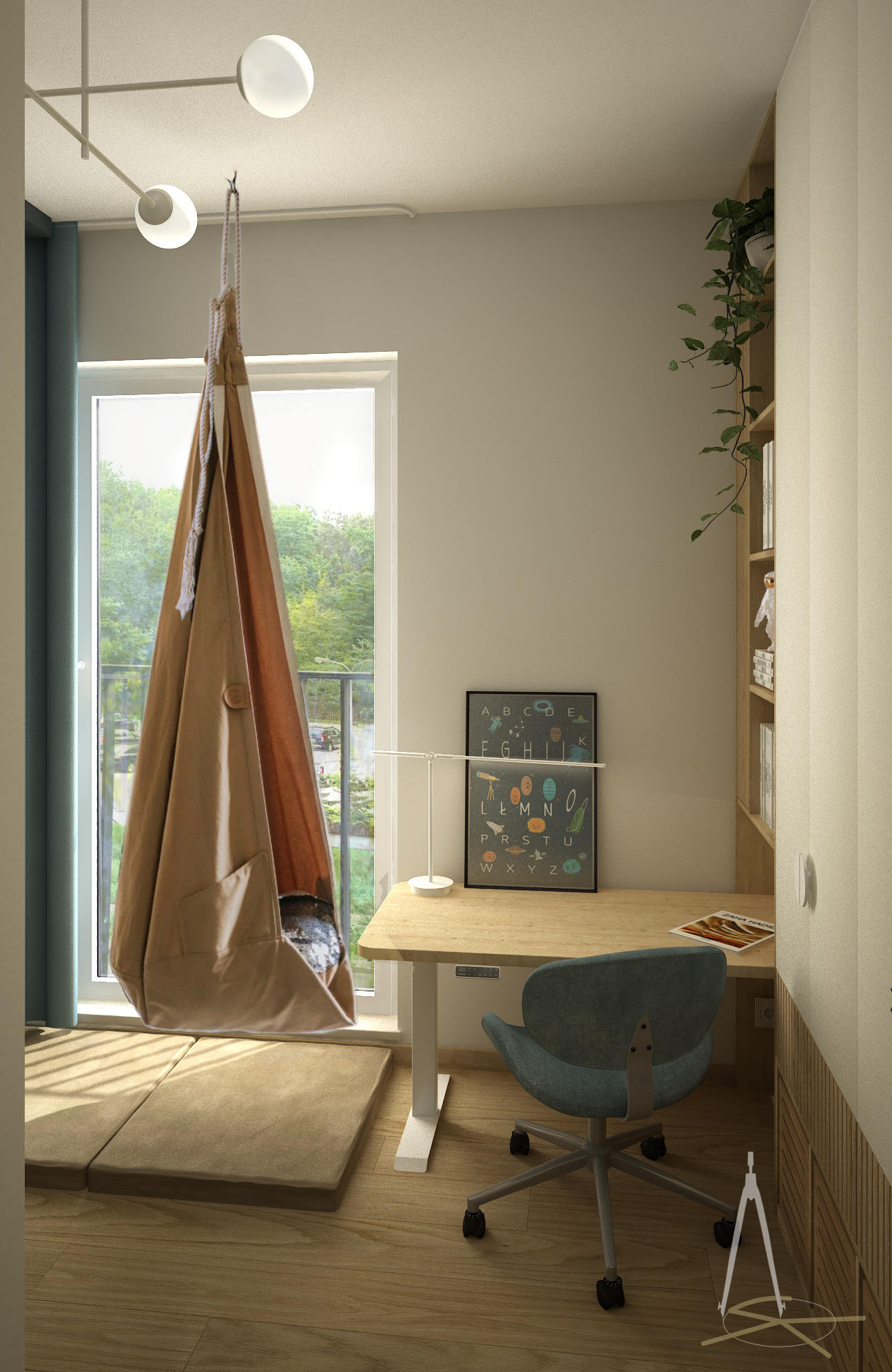 Pokój dziecięcy: biurko z lampką, plakat edukacyjny, wiszący fotel-kokon przy oknie. Stonowana kolorystyka, drewniane elementy, roślina na półce. Kompas kreślarski na podłodze.