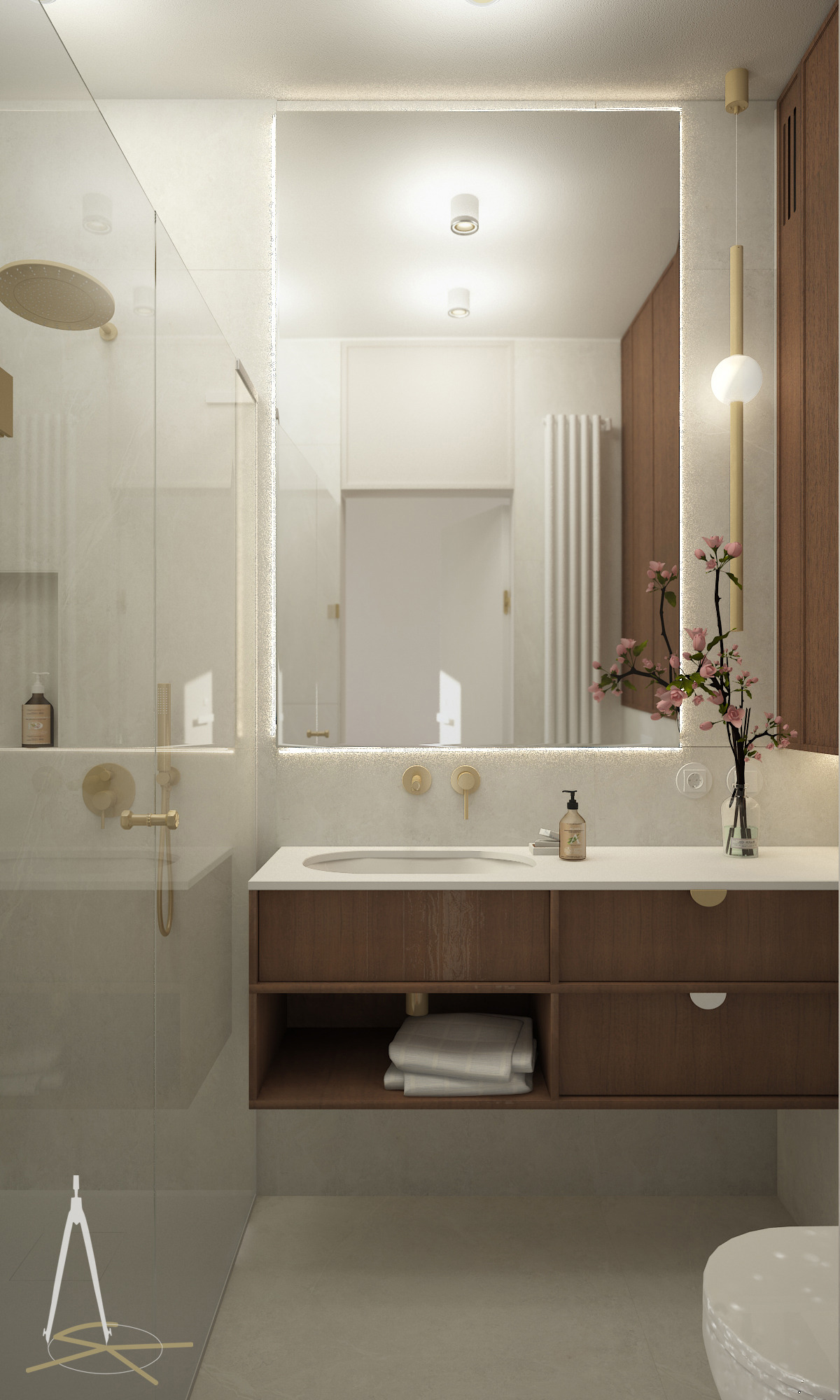Elegancka łazienka w beżach i brązach: lustro z podświetleniem LED, drewniana szafka z umywalką, złota armatura, szklana kabina prysznicowa i kwiaty.