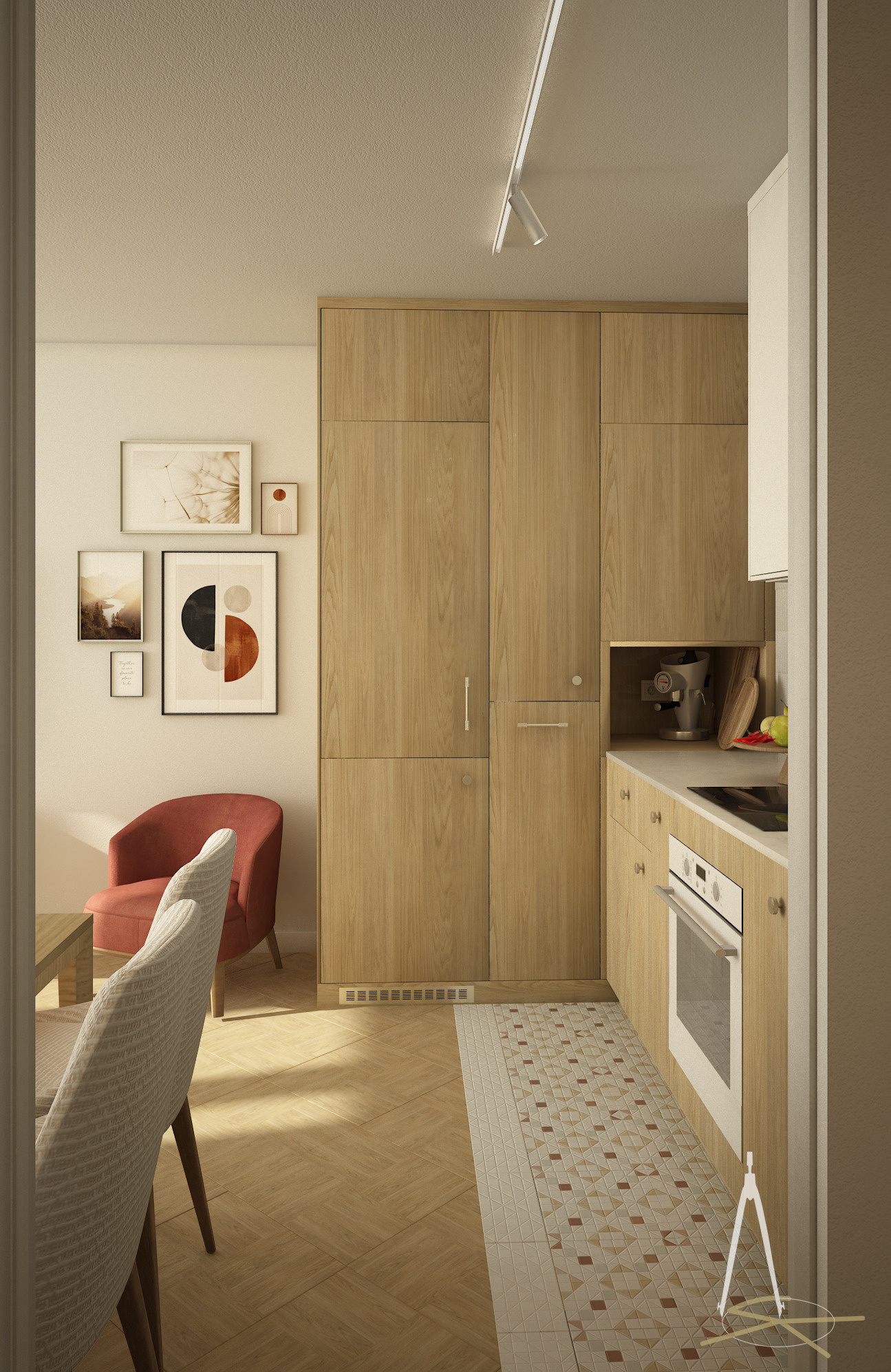 Wnętrze kuchni z drewnianą zabudową, czerwonym fotelem i parkietem w jodełkę. Na ścianie galeria obrazków. Widok z perspektywy wejścia.