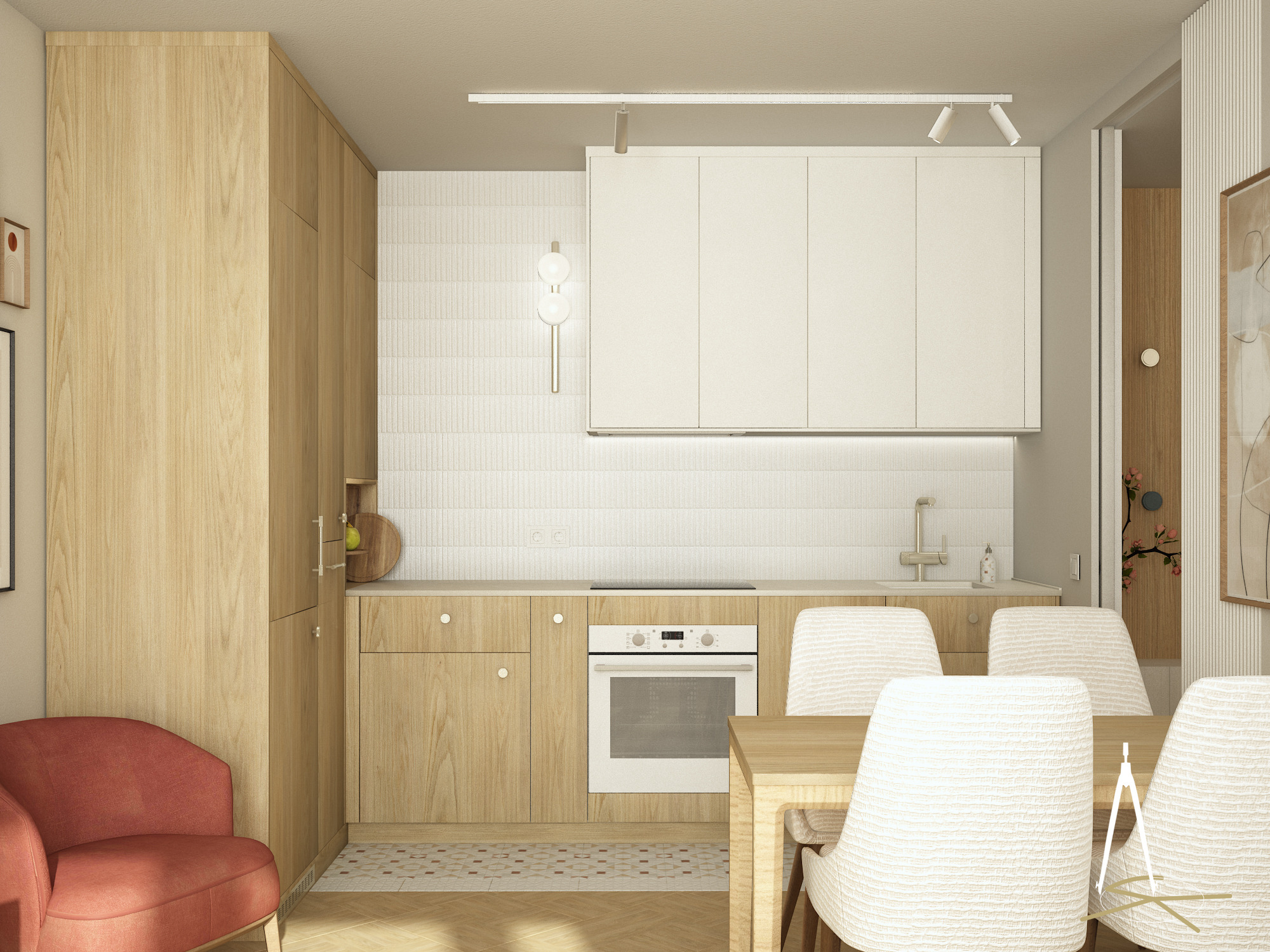 Jasna kuchnia z drewnianymi szafkami, białymi płytkami na ścianie i stołem z krzesłami. W tle widoczny fotel w kolorze ceglastym i dekoracje roślinne.