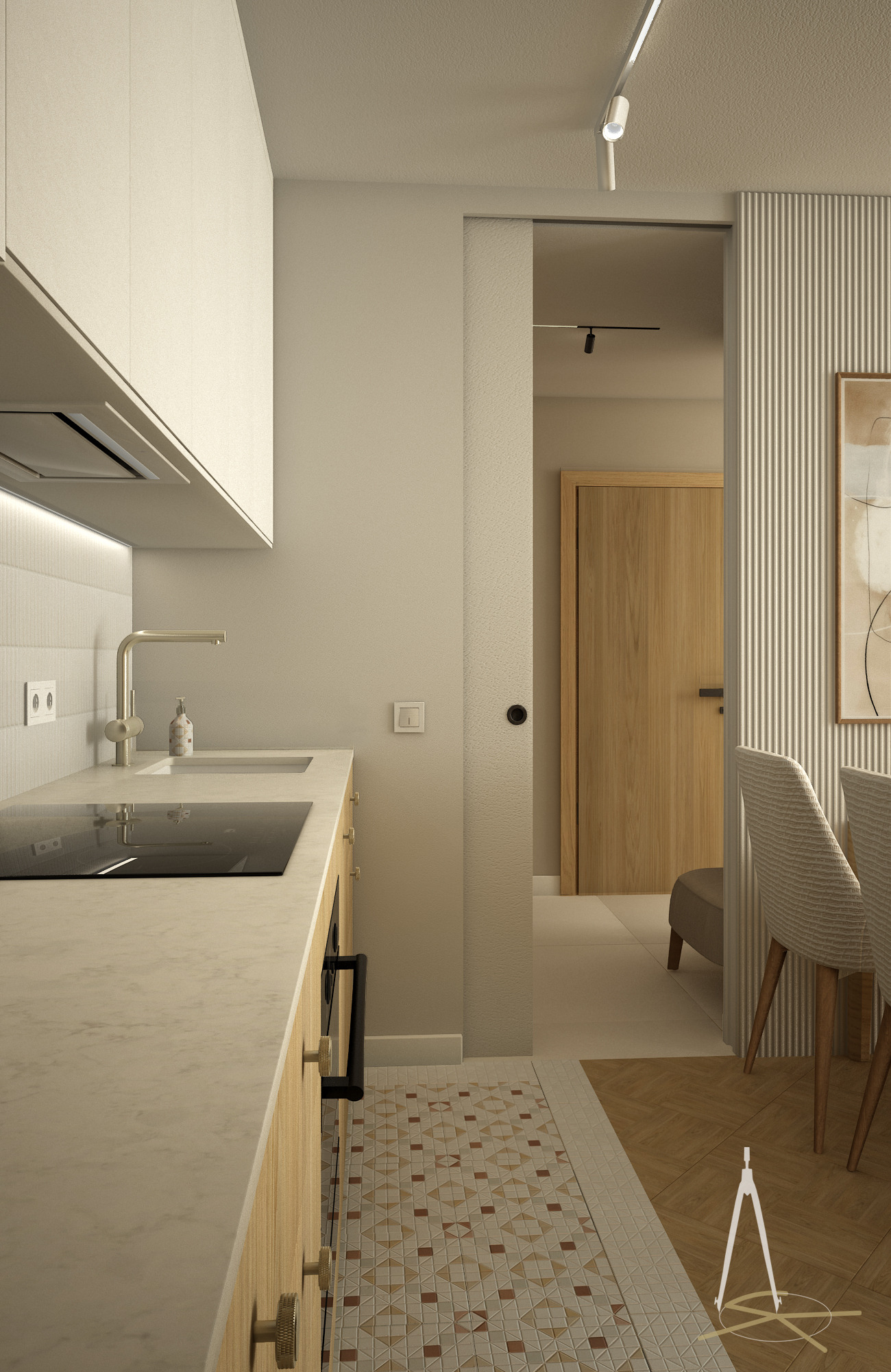 Beżowa kuchnia z marmurowym blatem i złotą armaturą. W tle widoczny fragment jadalni z krzesłami i drewnianą podłogą. Całość utrzymana w jasnej, stonowanej kolorystyce.