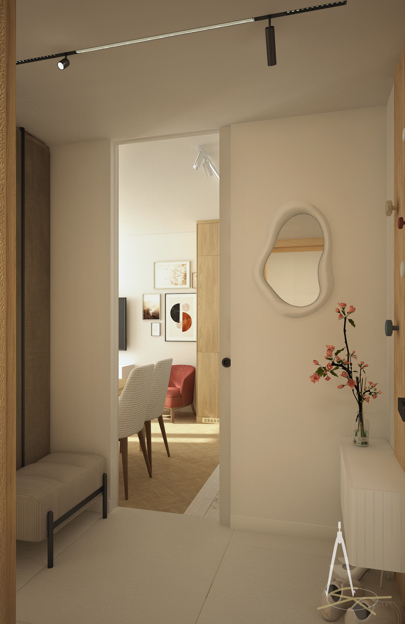 Nowoczesny przedpokój z lustrem o nieregularnym kształcie i kwiatami w wazonie. W tle widoczny salon z krzesłami i czerwonym fotelem. Oświetlenie szynowe.