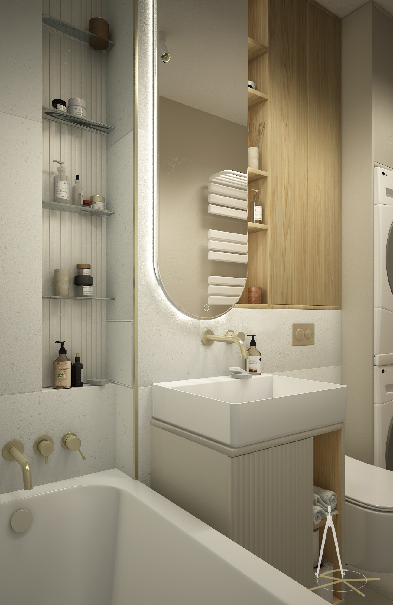 Nowoczesna łazienka w beżach: wanna, umywalka z szafką, lustro z podświetleniem LED, drewniane szafki i półki wnękowe. Minimalistyczny design, ciepłe oświetlenie.