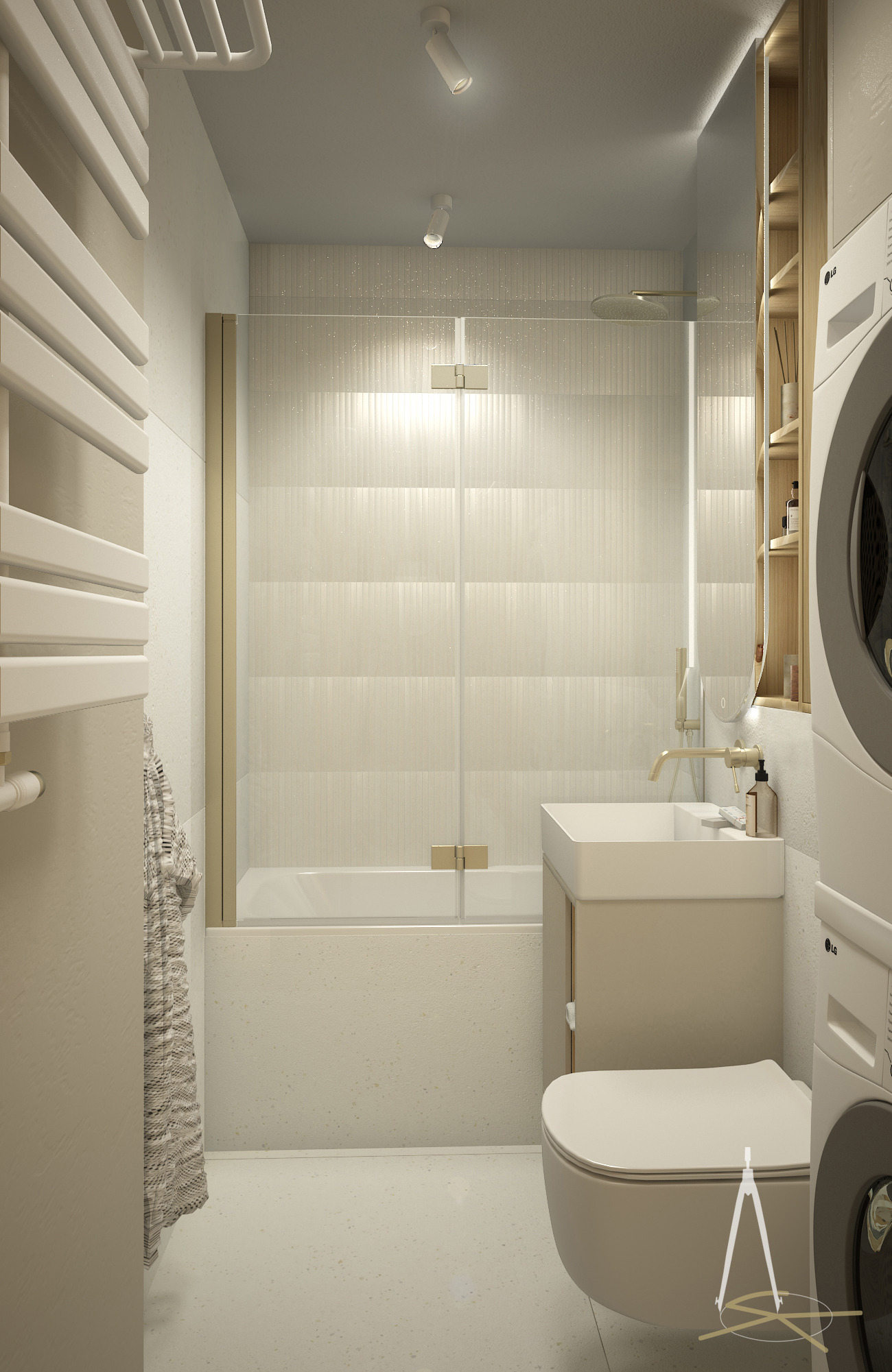 Beżowa łazienka z wanną za szklaną ścianką, umywalką na szafce i toaletą wiszącą. Obok pralka i suszarka w zabudowie. Minimalistyczny design z akcentami złota.