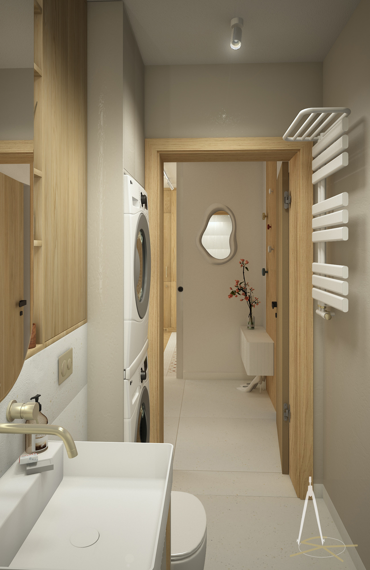 Nowoczesna łazienka z pralką w zabudowie, umywalką nablatową i lustrem o nieregularnym kształcie. Jasne kolory, drewniane akcenty i minimalistyczny design.