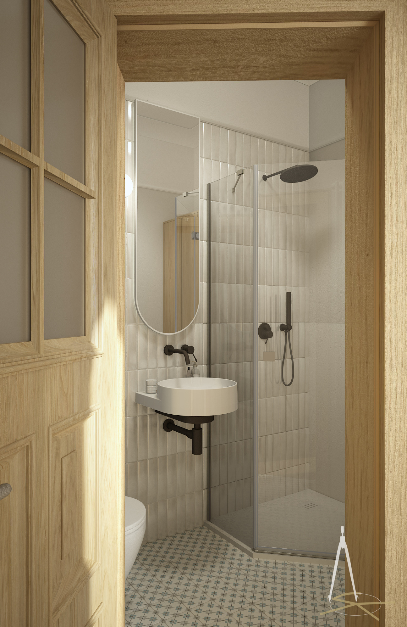 Nowoczesna łazienka z kabiną prysznicową i okrągłą umywalką w Warszawie. Jasne płytki i drewniane wykończenia tworzą przytulną atmosferę.