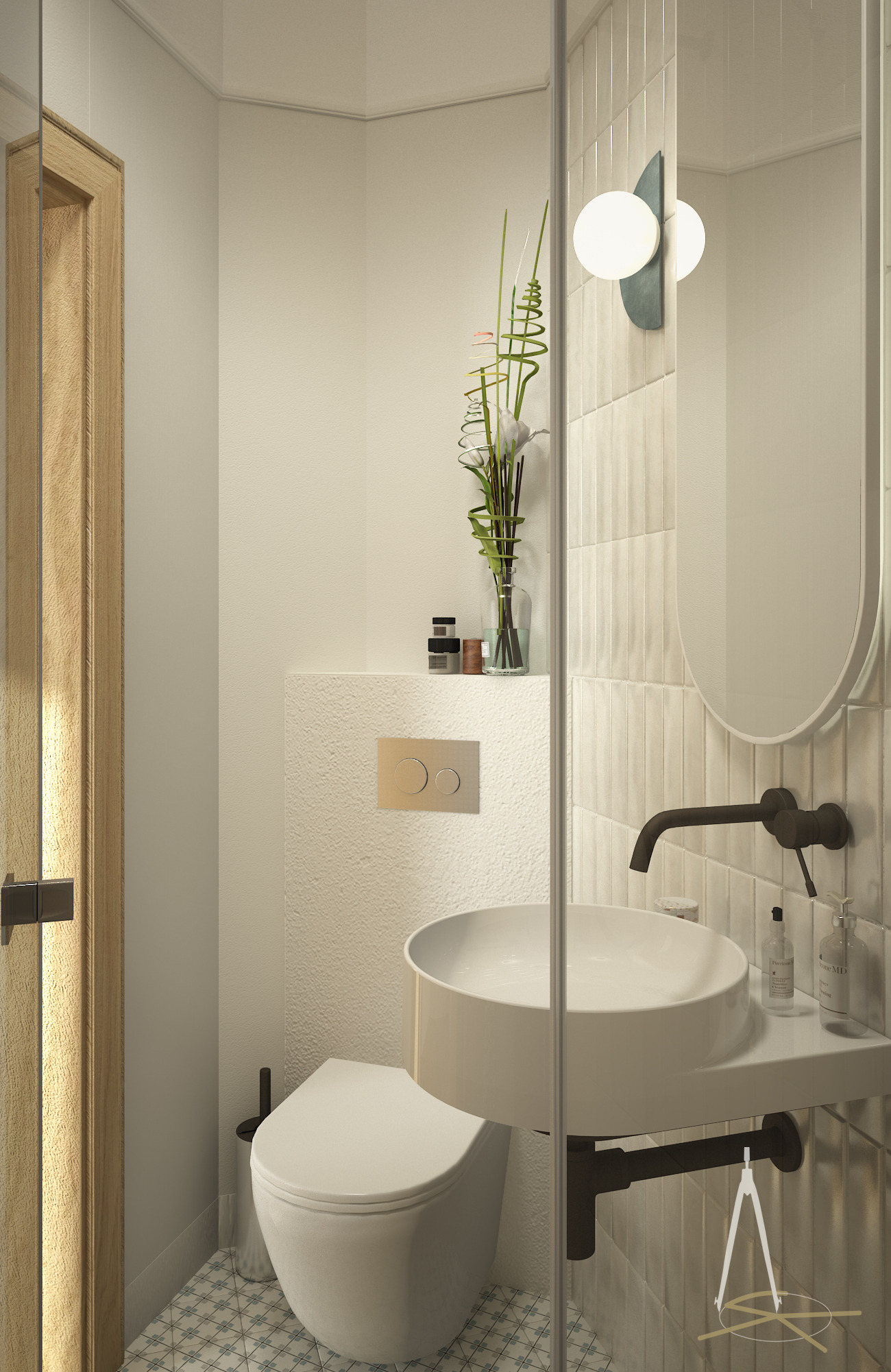 Nowoczesna łazienka z wiszącą umywalką, toaletą i szklaną kabiną. Uwagę zwraca minimalistyczny design, beżowa kolorystyka i dekoracyjne płytki na ścianie.