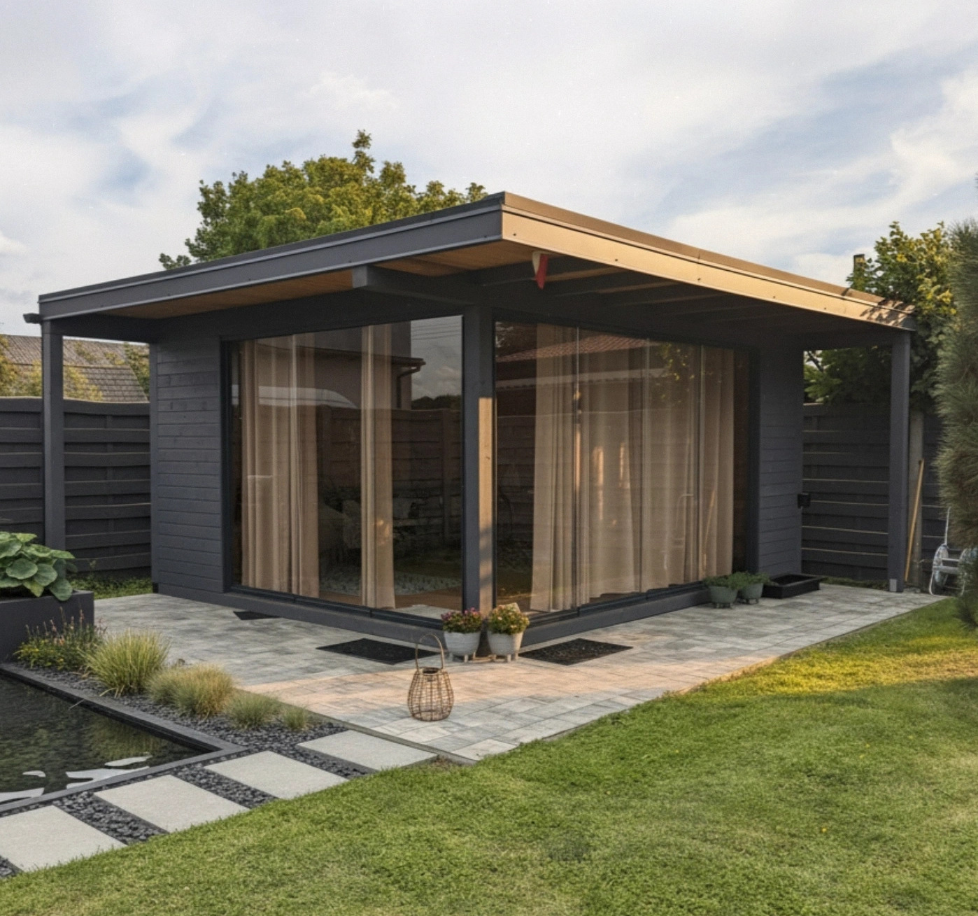 Nowoczesny domek ogrodowy z dużymi przeszkleniami i zasłonami, otoczony kostką brukową, trawnikiem i oczkiem wodnym. Minimalistyczny design, szara kolorystyka.