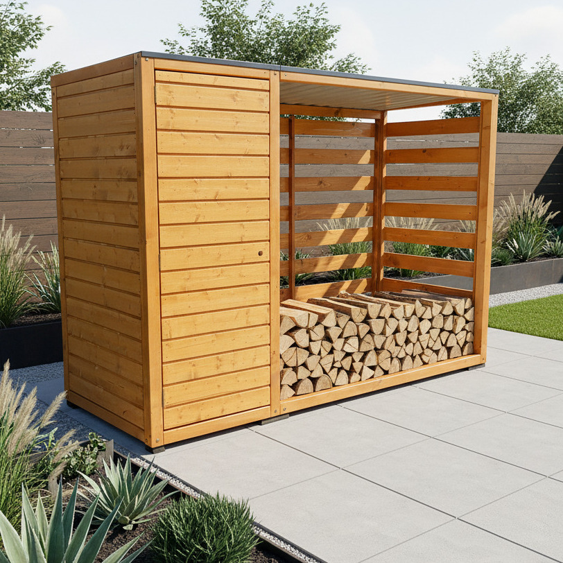 Drewniany domek ogrodowy z drewutnią w minimalistycznym stylu, z pełnym składem drewna, na tle zieleni i szarej kostki brukowej. Nowoczesna architektura ogrodu.