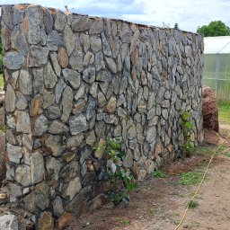 Ogrody Skalne - Kamienny mur oddzielający oczko wodne od ścieżki w ogrodzie, z widoczną szklarnią w tle. Wykonanie z nieregularnych kamieni w odcieniach szarości i brązu.