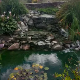 Oczko wodne z kaskadą, kamieniami i liliami wodnymi. Dekoracyjne figurki żab na kamieniach. Bujna roślinność wokół. Woda o zielonkawym odcieniu.