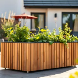 Drewniana donica z roślinami na tarasie, z nowoczesnym domem w tle i czerwonym parasolem, w słoneczny dzień. Widoczne detale wykończenia i roślinność.