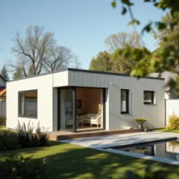 Nowoczesna, modułowa konstrukcja z białymi panelami, dużymi oknami i tarasem, otoczona zielenią i basenem. Wnętrze wykończone drewnem, widoczny salon z sofą.