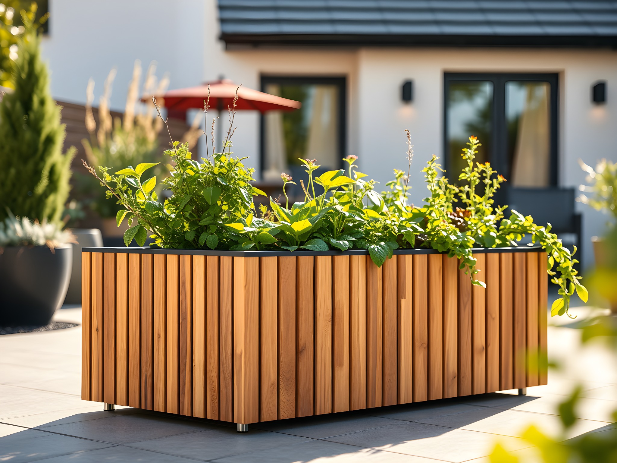 Drewniana donica z roślinami na tarasie, z nowoczesnym domem w tle i czerwonym parasolem, w słoneczny dzień. Widoczne detale wykończenia i roślinność.