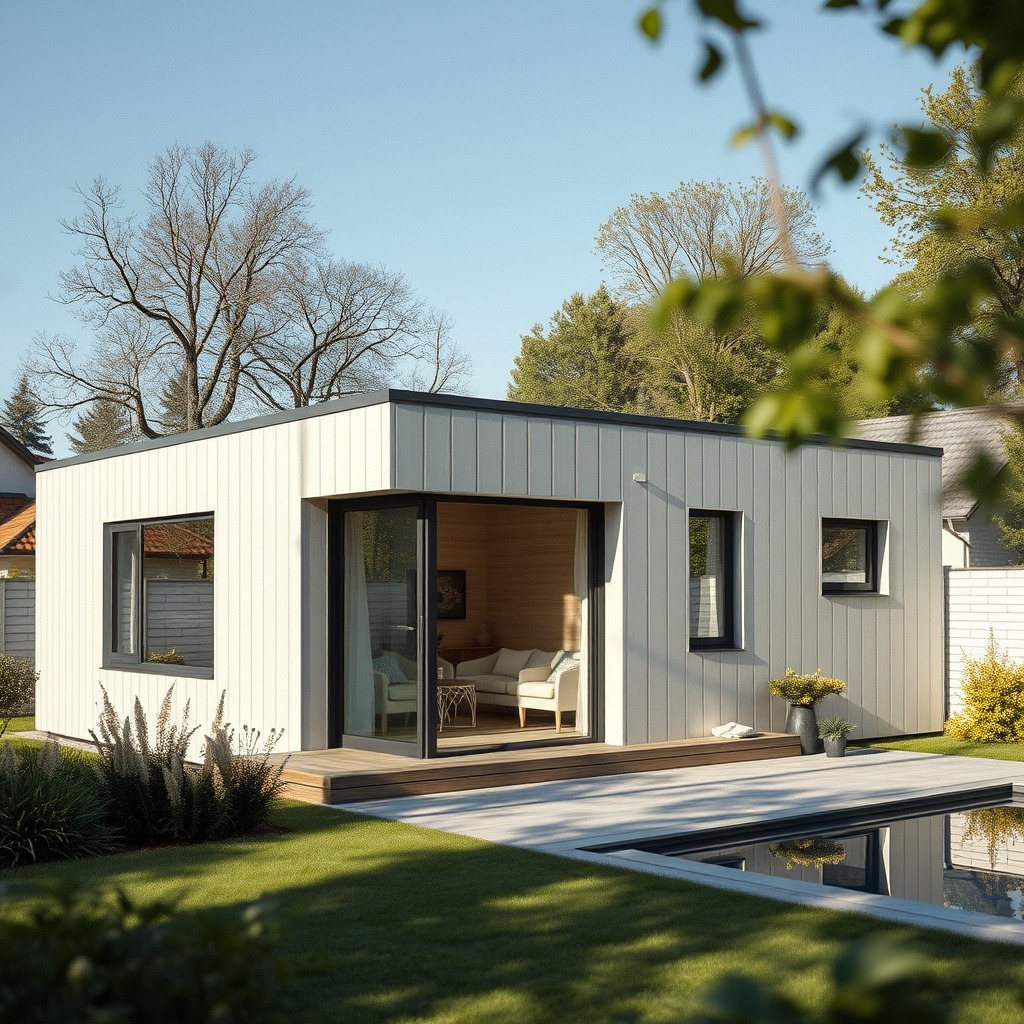 Nowoczesna, modułowa konstrukcja z białymi panelami, dużymi oknami i tarasem, otoczona zielenią i basenem. Wnętrze wykończone drewnem, widoczny salon z sofą.