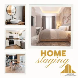 Kolaż z aranżacji wnętrz: łazienka z okrągłym lustrem, jasna kuchnia, jadalnia z okrągłym stołem i sypialnia z łóżkiem. Napis 'Home staging' i logo firmy.