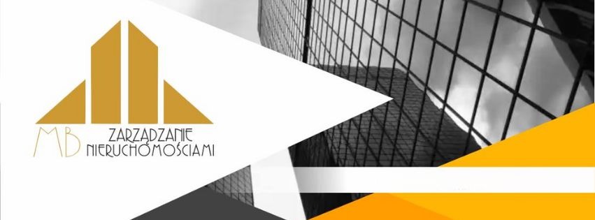 Grafika z logo firmy MB Zarządzanie Nieruchomościami na tle nowoczesnego biurowca. Dominują kolory: biały, czarny i żółty. Minimalistyczny design.