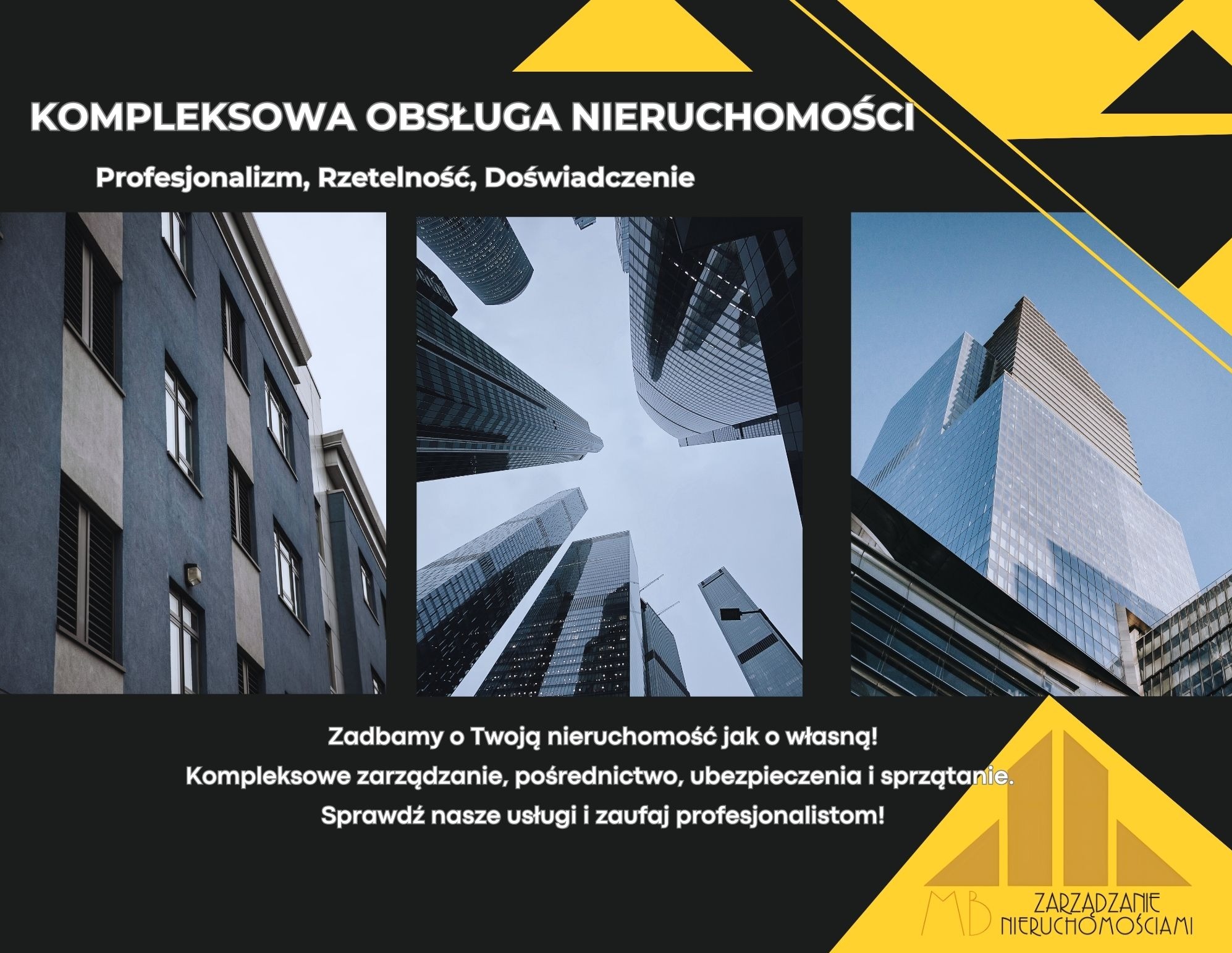 Grafika reklamowa: kompleksowa obsługa nieruchomości. Budynek mieszkalny, wieżowce z dołu, nowoczesny biurowiec. Logotyp firmy MB Zarządzanie Nieruchomościami.