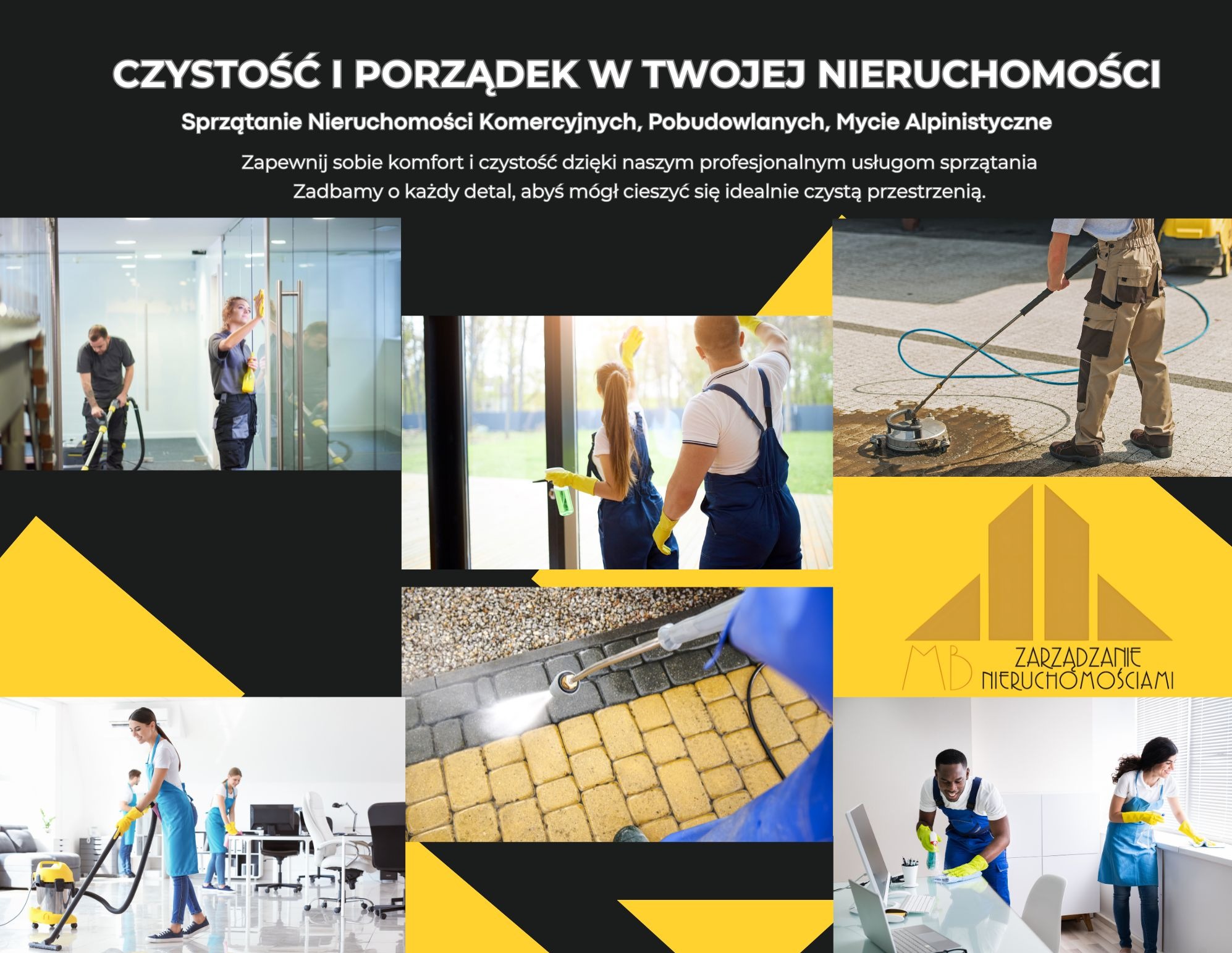 Montaż z ekipą sprzątającą biura, mycie okien, czyszczenie kostki brukowej. Profesjonalne usługi czystości komercyjnej i pobudowlanej, z dbałością o detale.