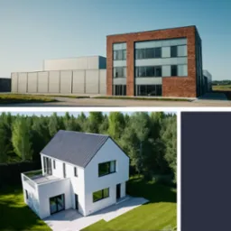 Kolaż: nowoczesny budynek biurowy z cegły obok hali z paneli i wizualizacja domu jednorodzinnego w otoczeniu zieleni.