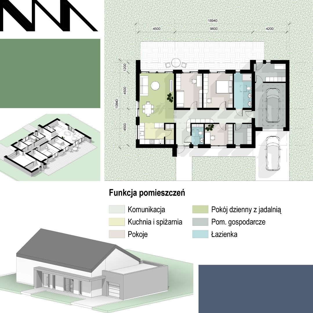 Projekt domu jednorodzinnego: rzut z góry z wymiarami, wizualizacja 3D bryły budynku, legenda kolorystyczna funkcji pomieszczeń. Prezentacja projektu architektonicznego.