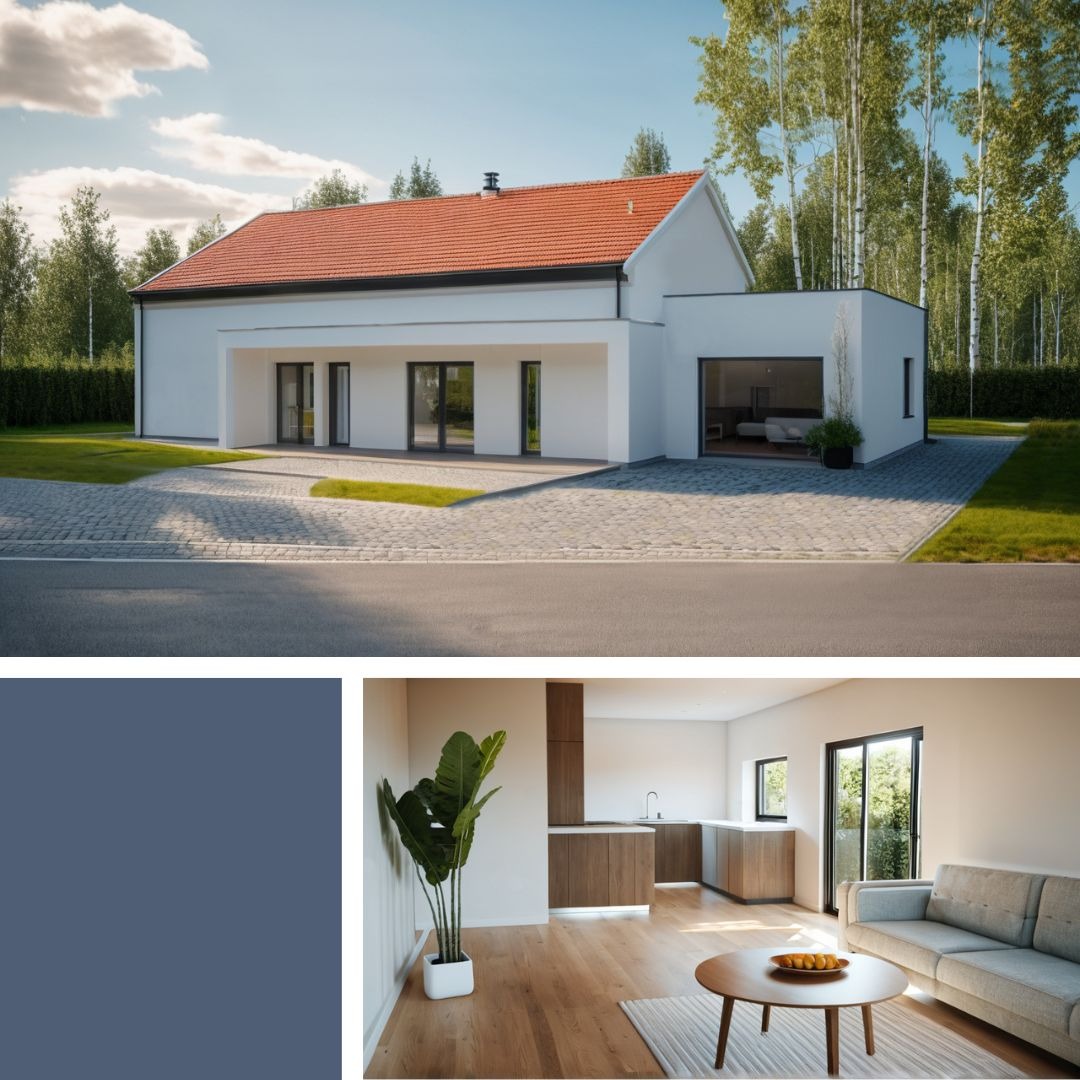 Biały dom z czerwoną dachówką, widok z zewnątrz i wnętrza. Nowoczesny styl, jasne wnętrza, minimalistyczny design. Brukowany podjazd, zieleń drzew w tle.