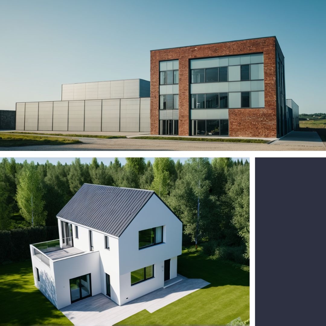 Kolaż: nowoczesny budynek biurowy z cegły obok hali z paneli i wizualizacja domu jednorodzinnego w otoczeniu zieleni.