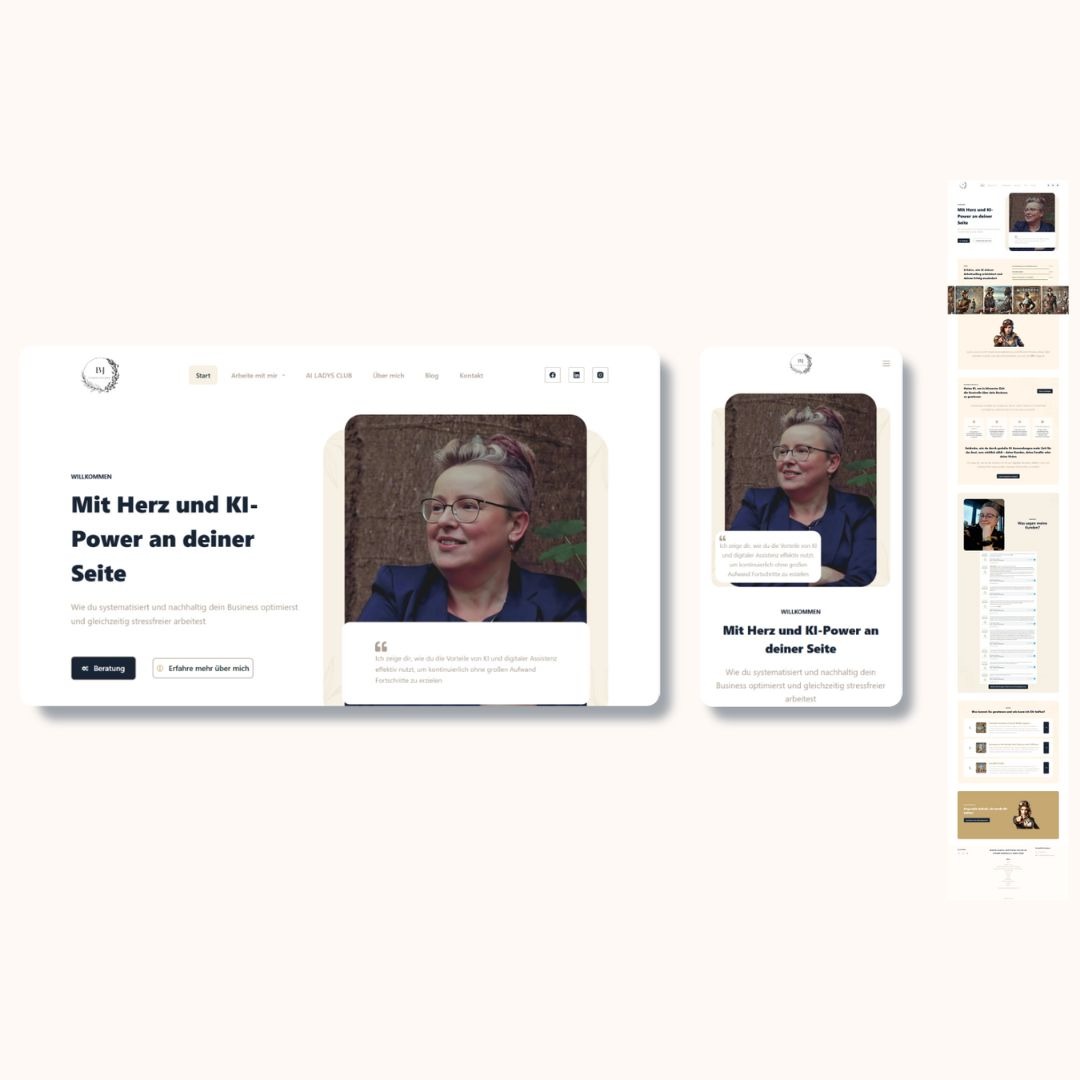 Projekt responsywnej strony internetowej z wizerunkiem kobiety, prezentowany na ekranie laptopa i smartfona. Minimalistyczny design, jasna kolorystyka, czytelna typografia.