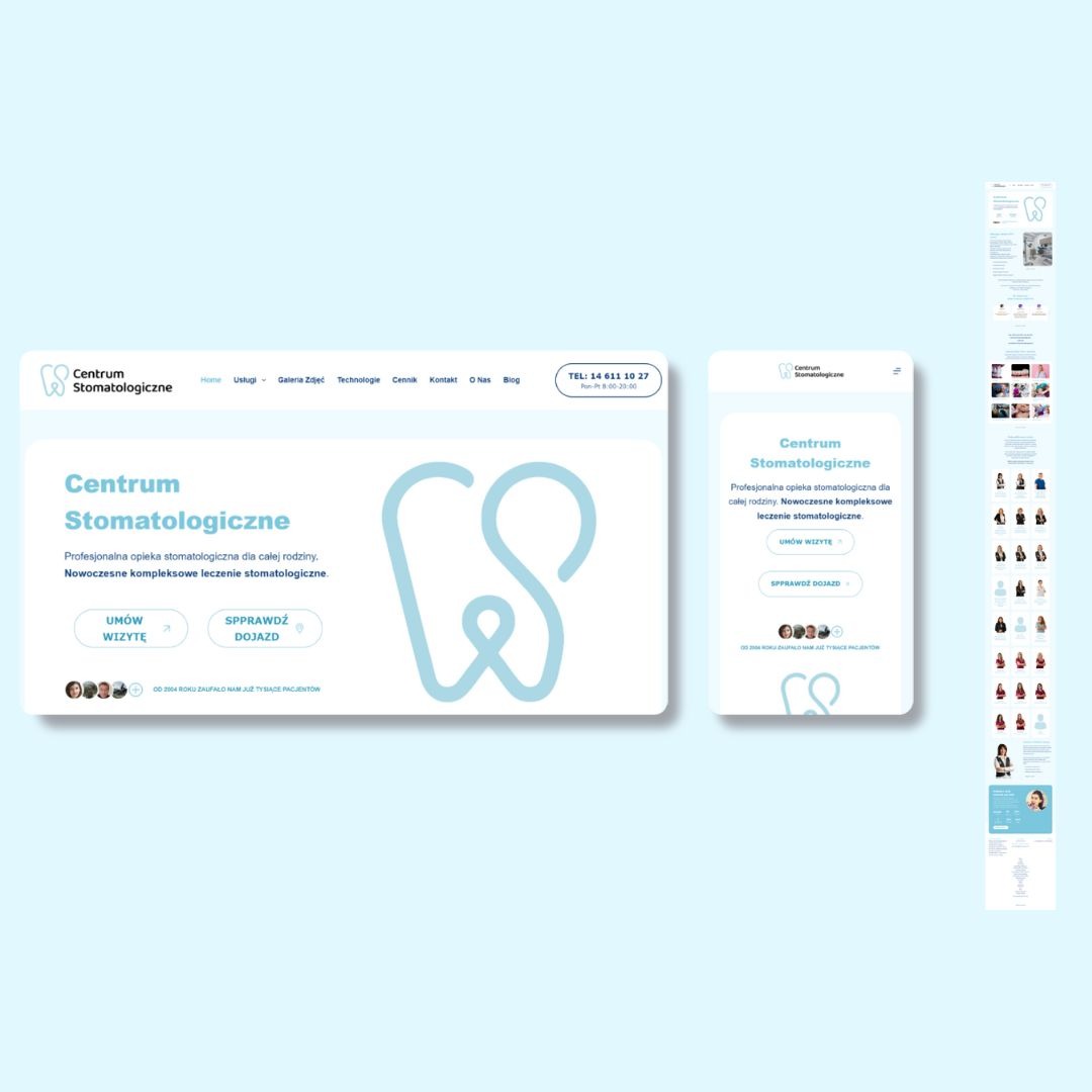 Projekt responsywnej strony www dla centrum stomatologicznego, prezentowany na ekranie komputera i smartfona. Jasna kolorystyka, nowoczesny design, logo z motywem zęba.