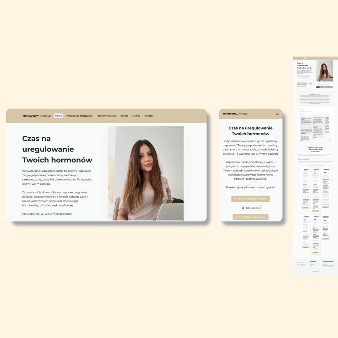 Projekt strony internetowej dietetyk holistyczny: strona główna z wizerunkiem dietetyczki i hasłem 'Czas na uregulowanie Twoich hormonów'. Widok desktop i mobile.
