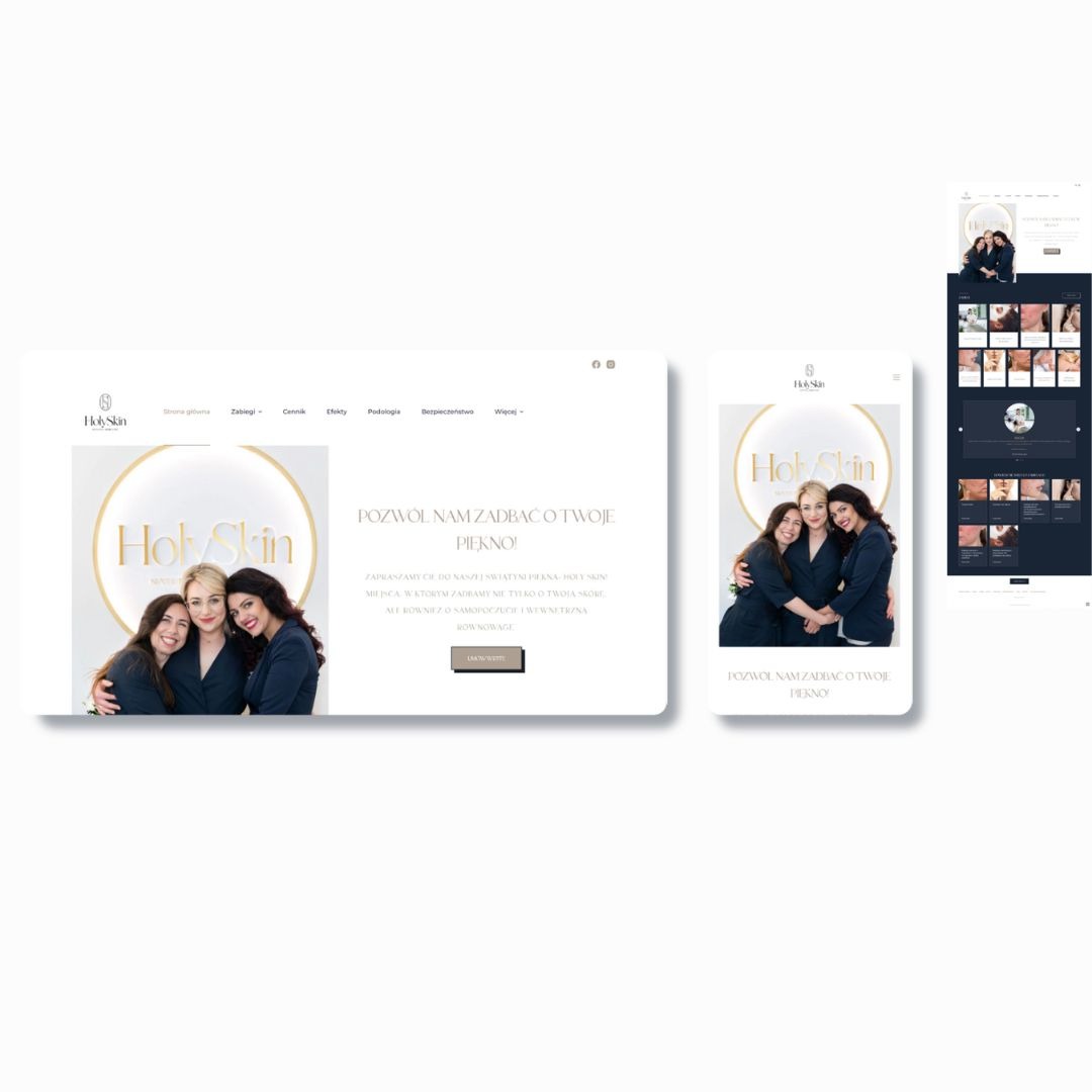 Projekt responsywnej strony salonu kosmetycznego HolySkin na laptopie i smartfonie. Elegancki design, minimalistyczna typografia, prezentacja oferty zabiegów.