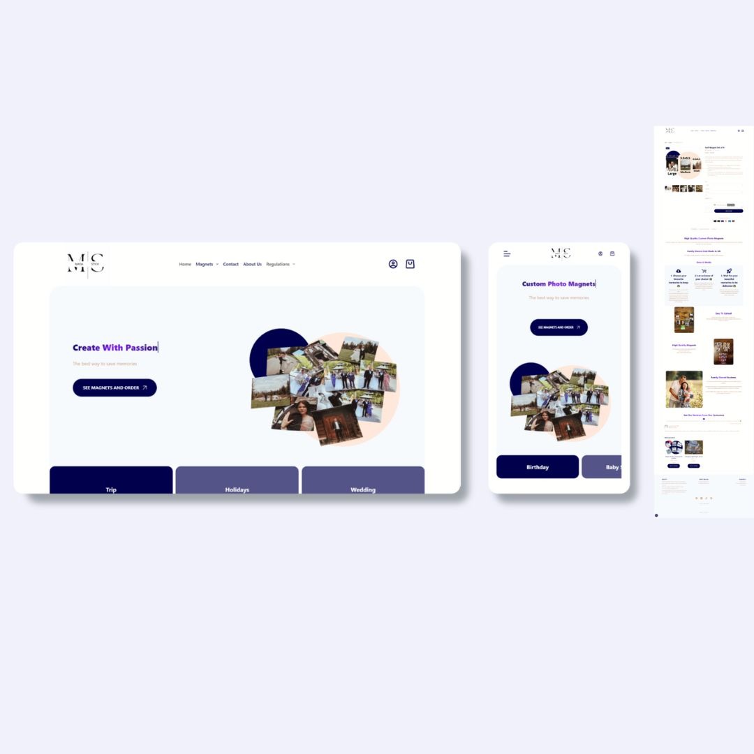 Prezentacja responsywnego projektu strony internetowej z motywem magnesów fotograficznych, widok na monitorze, smartfonie i tablecie, z elementami nawigacji i układu.