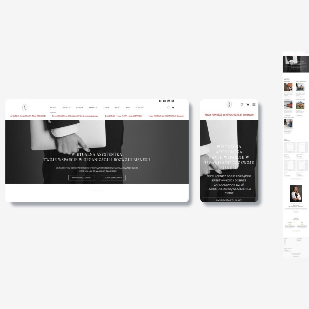 Prezentacja responsywnej strony internetowej na laptopie i smartfonie. Minimalistyczny design w odcieniach szarości, z tekstem o wirtualnej asystentce i rozwoju biznesu.