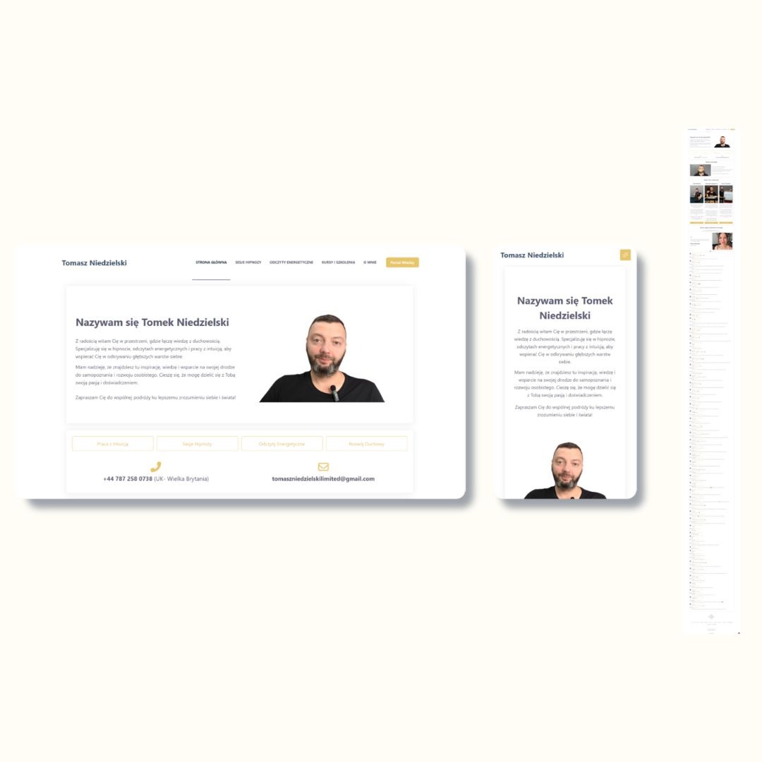 Strona internetowa Tomasza Niedzielskiego na urządzeniach. Widok desktopowy i mobilny, z czytelnym układem i zdjęciem portretowym właściciela.