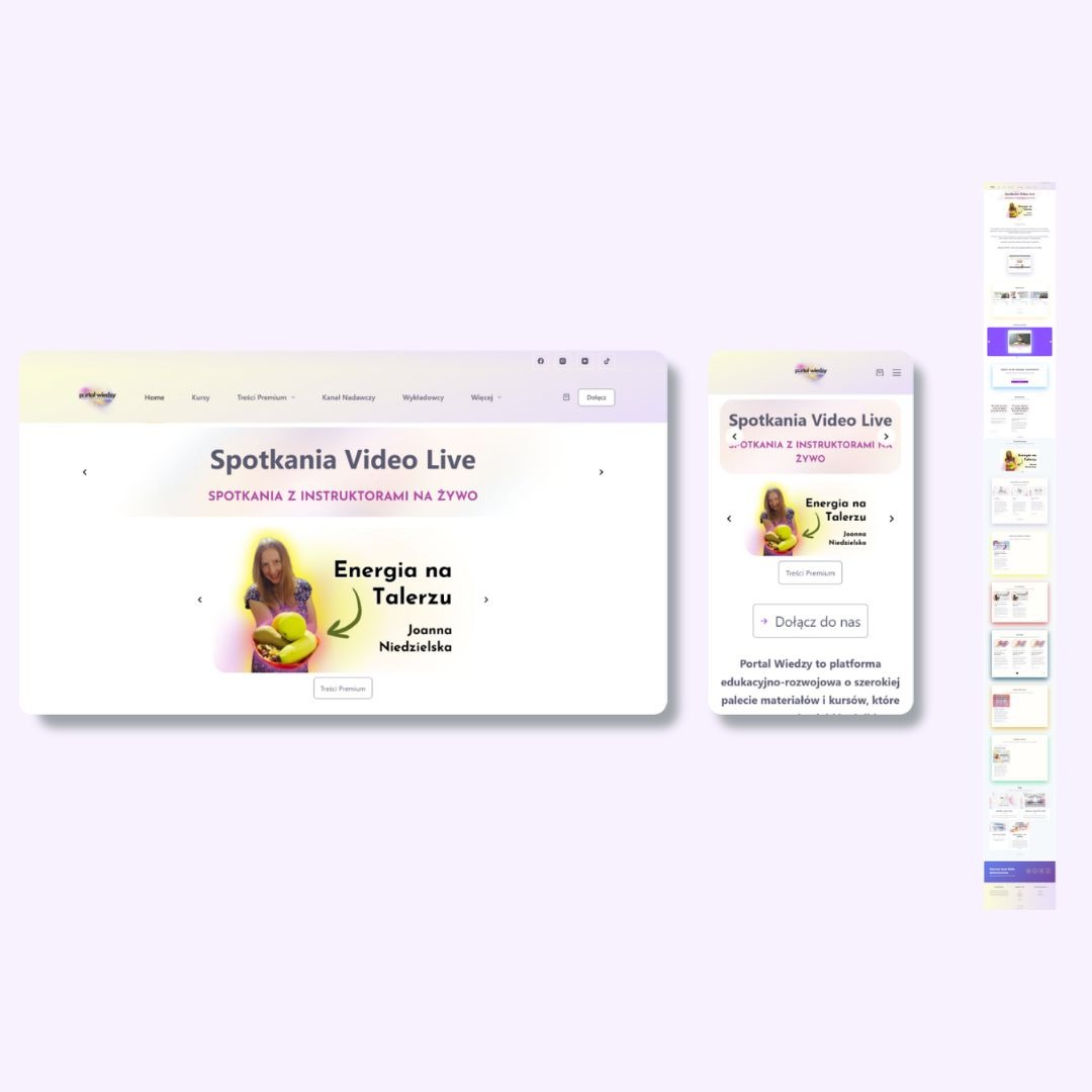 Prezentacja platformy kursowej PortalWiedzy.com na ekranie laptopa i smartfona. Widoczne spotkania video live z instruktorami i oferta kursu 'Energia na Talerzu'.
