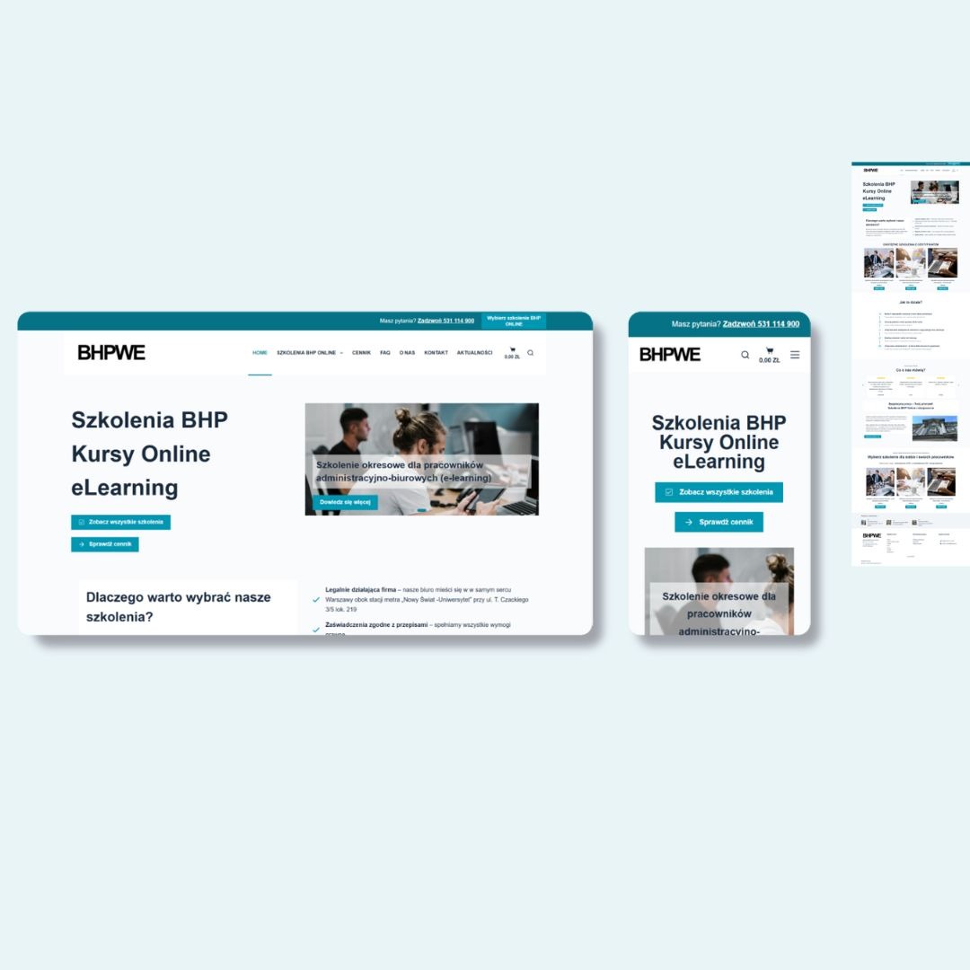 Responsywna strona BHPWE.pl na laptopie i smartfonie. Kursy BHP online eLearning. Minimalistyczny design, czytelna nawigacja i stonowana kolorystyka.