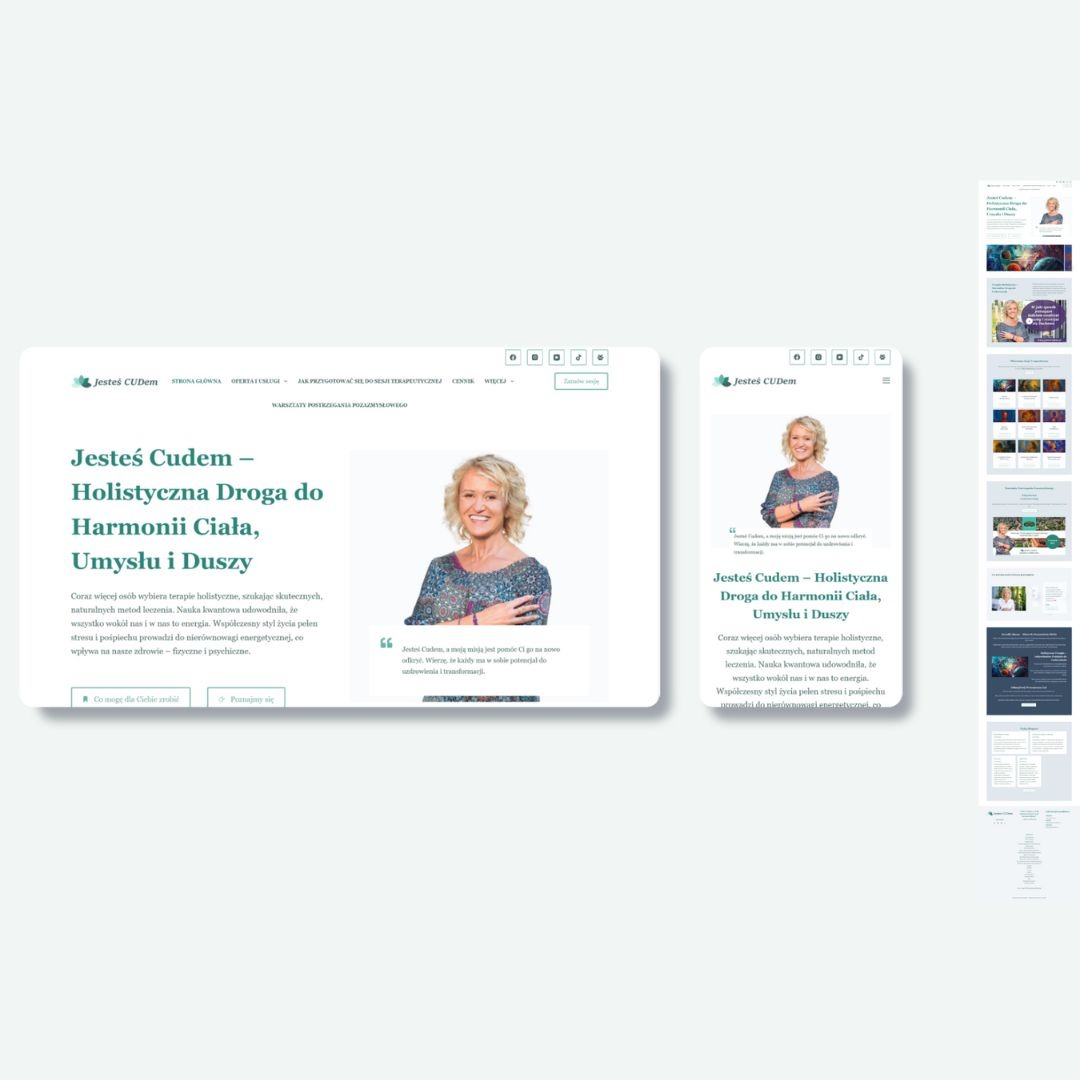 Responsywna strona internetowa 'Jesteś Cudem' na laptopie i smartfonie. Układ strony z tekstem, zdjęciem kobiety i logo. Jasna kolorystyka, minimalistyczny design.