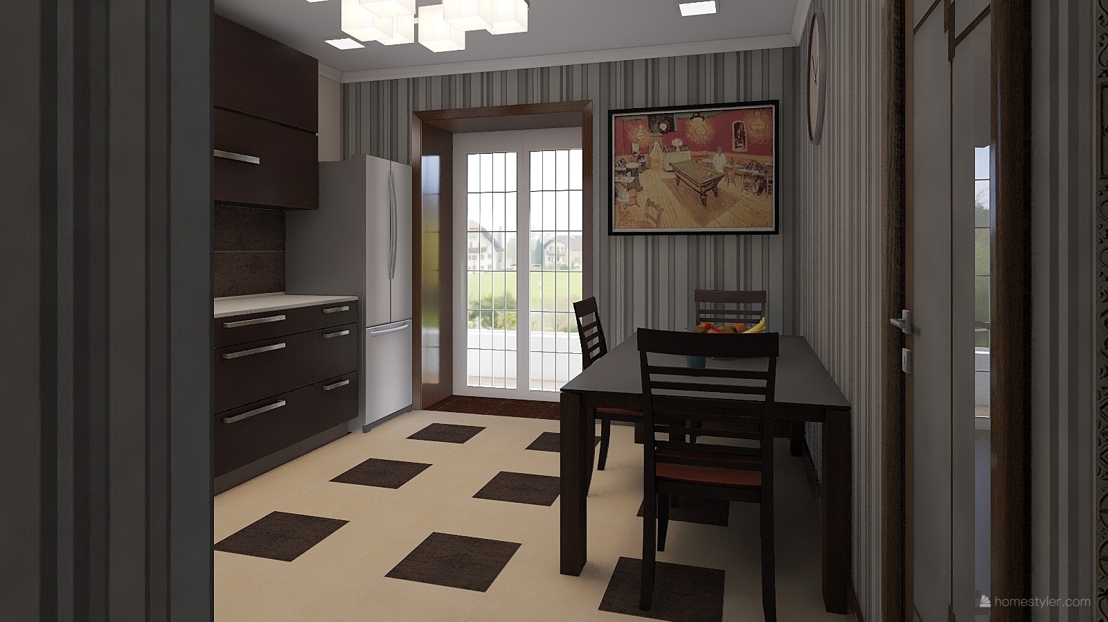 Wnętrze jadalni z ciemnymi meblami kuchennymi, srebrną lodówką i stołem z krzesłami. Na ścianie obraz w czarnej ramie i pionowe pasy. Podłoga w beżowo-brązowe kwadraty.